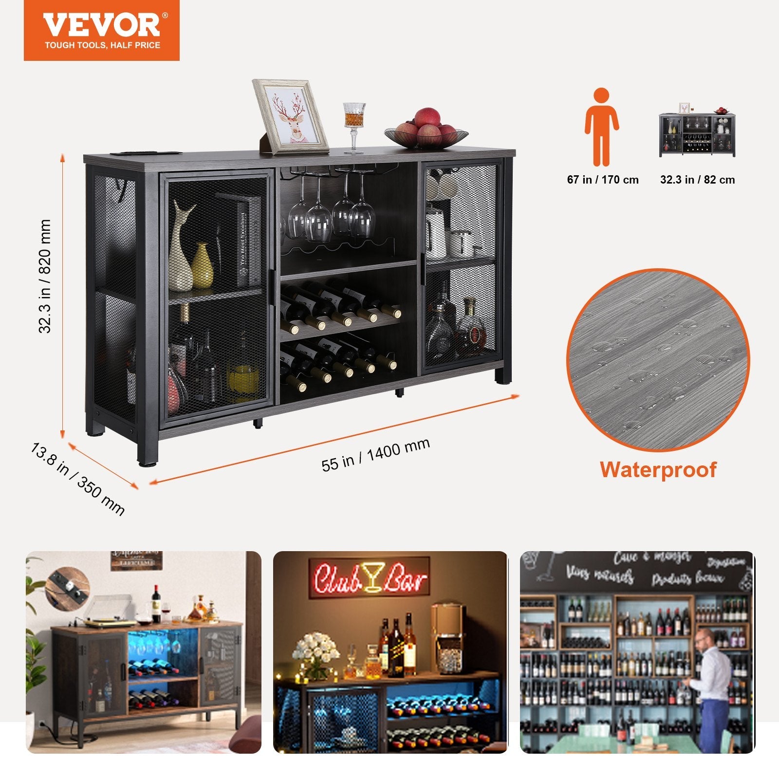 VEVOR 47 Inch Industrial Bar Cabinet, Wine Table for Liquor & Glasses, Sideboard Buffet Cabinet with Wine Rack, Freestanding Farmhouse Wood Coffee Bar Cabinet for Living Room, Home Bar, Kitchen White