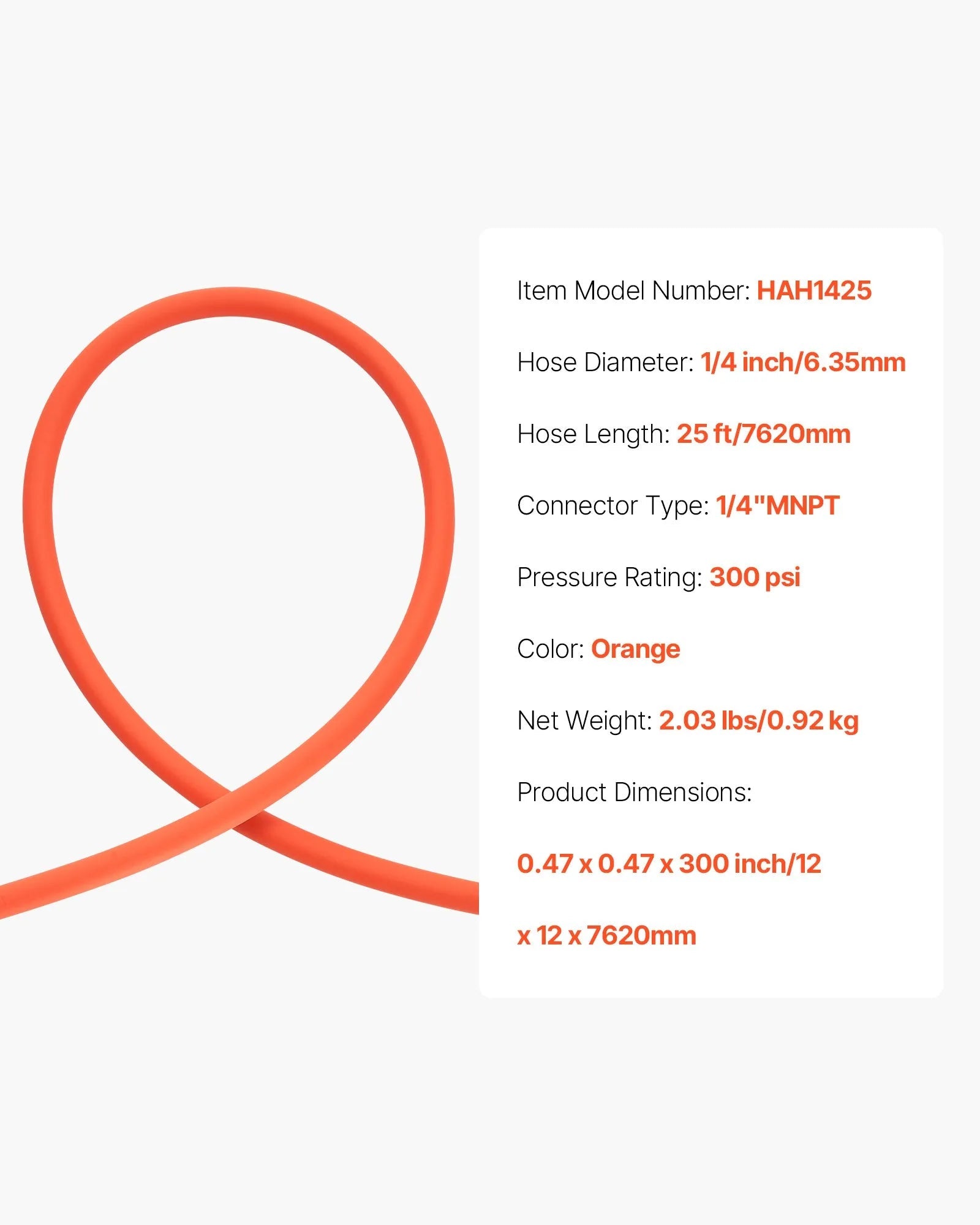 VEVOR Air Hose, 1/4" x 25ft Hybrid Air Hose, Lightweight, Kink Resistant, Pneumatic Hoses with 1/4 inch Solid Brass Male Fittings, Three-Layer Hybrid Material, 300 PSI, All-Weather Flexibility, Orange