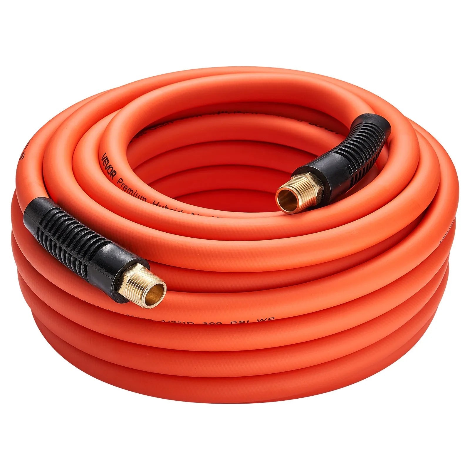 VEVOR Air Hose, 1/2" x 50ft Hybrid Air Hose, Lightweight, Kink Resistant, Pneumatic Hoses with 1/2 inch Solid Brass Male Fittings, Three-Layer Hybrid Material, 300 PSI, All-Weather Flexibility, Orange
