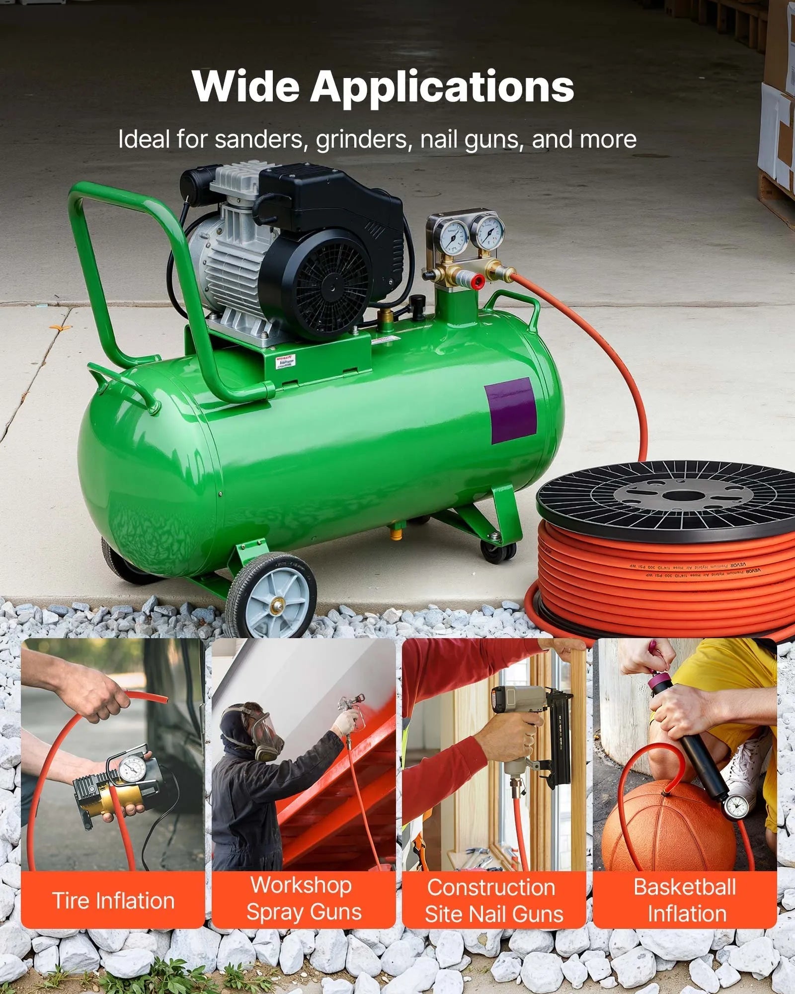 VEVOR Air Hose, 1/4" x 250ft Hybrid Air Hose, Lightweight, Kink Resistant, Pneumatic Hoses with Three-Layer Hybrid Material for Auto, Home & Building, 300 PSI, All-Weather Flexibility, Orange