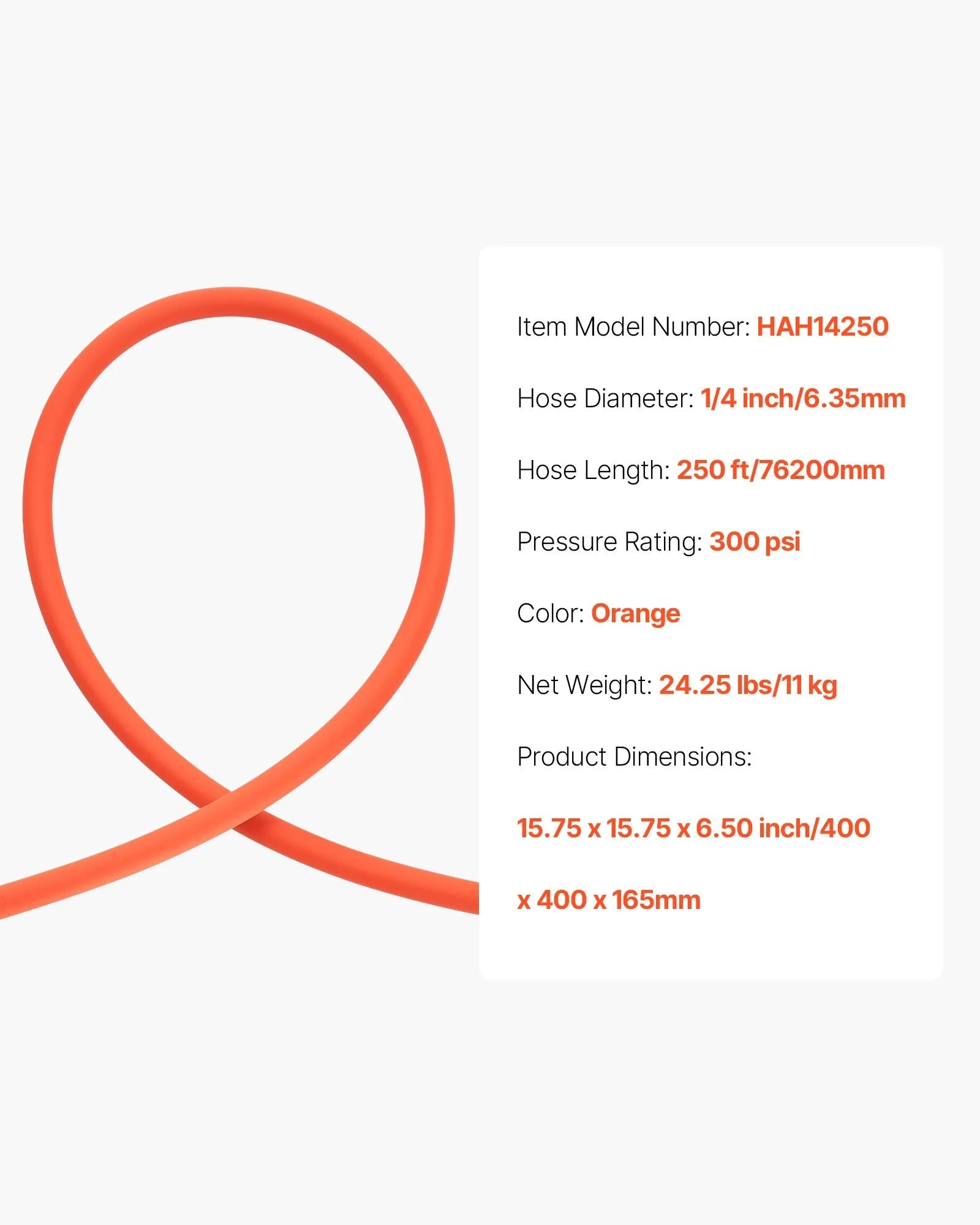 VEVOR Air Hose, 1/4" x 250ft Hybrid Air Hose, Lightweight, Kink Resistant, Pneumatic Hoses with Three-Layer Hybrid Material for Auto, Home & Building, 300 PSI, All-Weather Flexibility, Orange