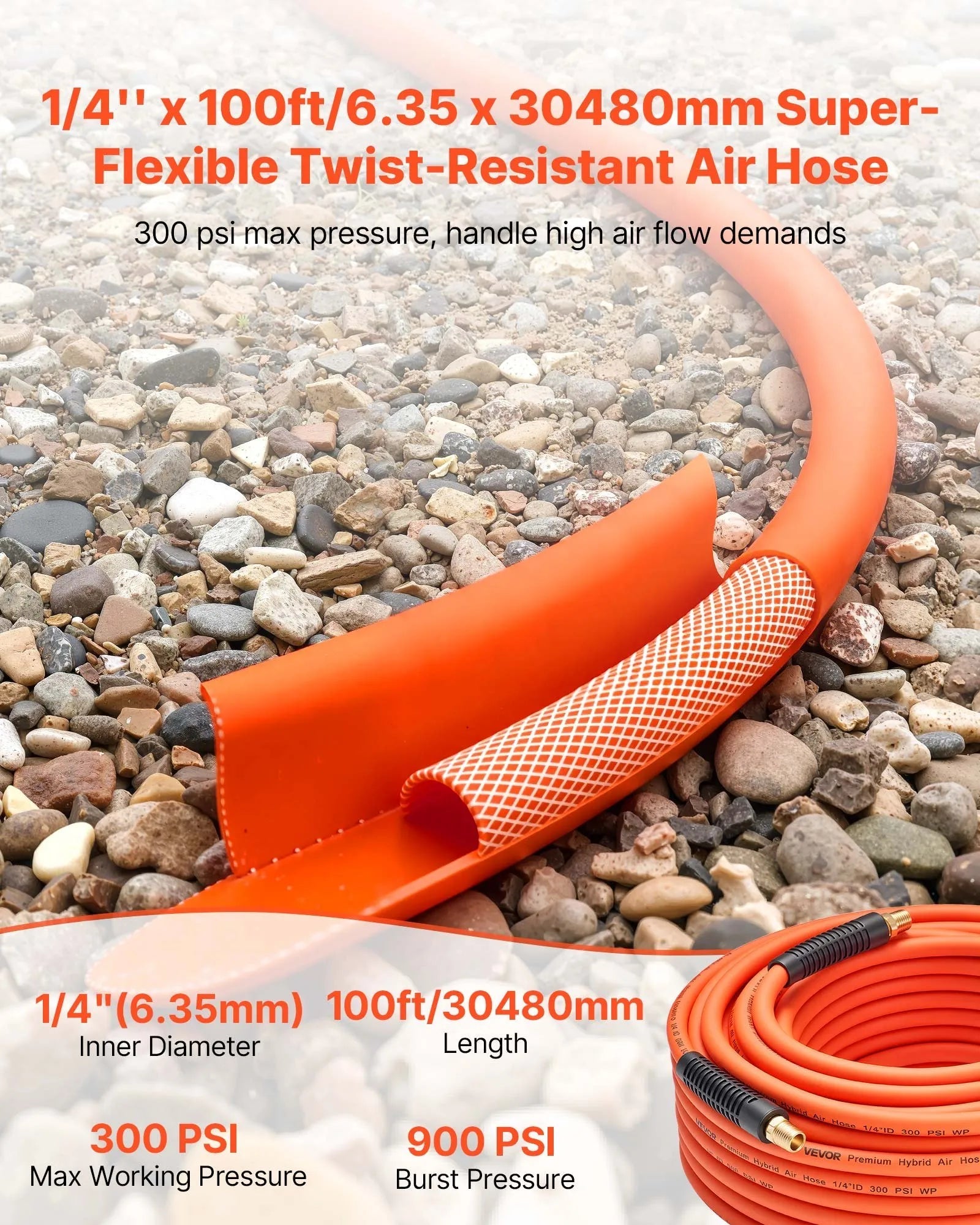 VEVOR Air Hose, 1/4" x 100ft Hybrid Air Hose, Lightweight, Kink Resistant, Pneumatic Hoses with 1/4 inch Solid Brass Male Fitting, Three-Layer Hybrid Material, 300 PSI, All-Weather Flexibility, Orange