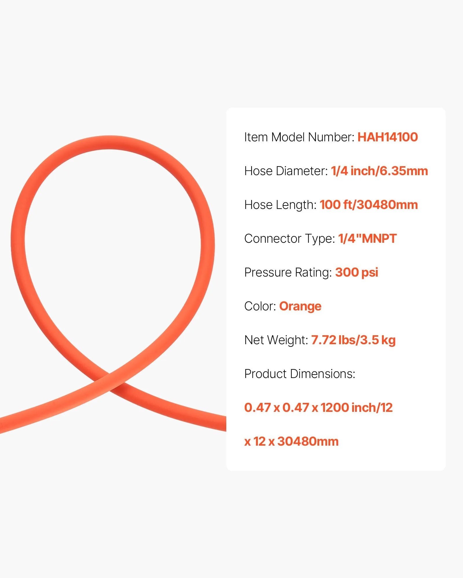 VEVOR Air Hose, 1/4" x 100ft Hybrid Air Hose, Lightweight, Kink Resistant, Pneumatic Hoses with 1/4 inch Solid Brass Male Fitting, Three-Layer Hybrid Material, 300 PSI, All-Weather Flexibility, Orange