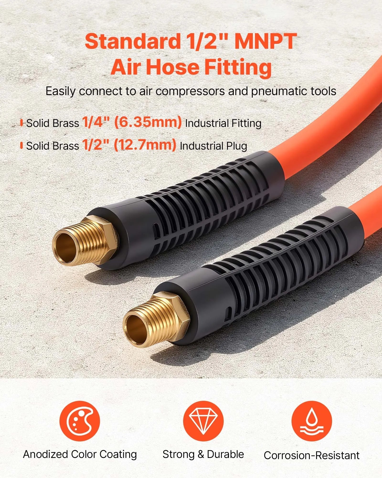 VEVOR Air Hose, 1/2" x 100ft Hybrid Air Hose, Lightweight, Kink Resistant, Pneumatic Hoses with 1/2 inch Solid Brass Male Fitting, Three-Layer Hybrid Material, 300 PSI, All-Weather Flexibility, Orange