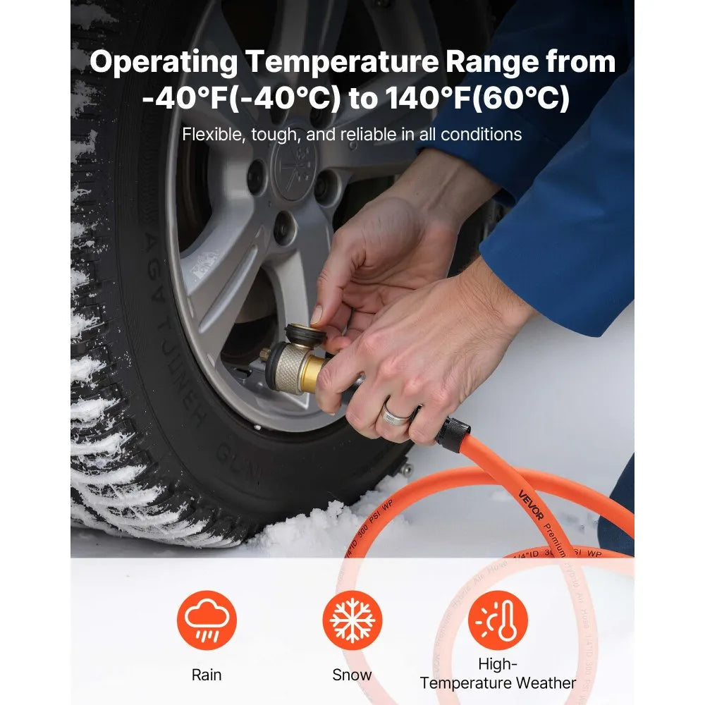 VEVOR Air Hose, 3/8'' x 25ft Hybrid Air Hose, Lightweight, Kink Resistant, Pneumatic Hoses with 1/4 inch Solid Brass Male Fitting, Three-Layer Hybrid Material, 300 PSI, All-Weather Flexibility, Orange