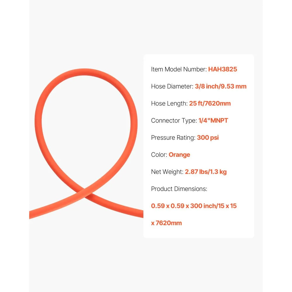 VEVOR Air Hose, 3/8'' x 25ft Hybrid Air Hose, Lightweight, Kink Resistant, Pneumatic Hoses with 1/4 inch Solid Brass Male Fitting, Three-Layer Hybrid Material, 300 PSI, All-Weather Flexibility, Orange