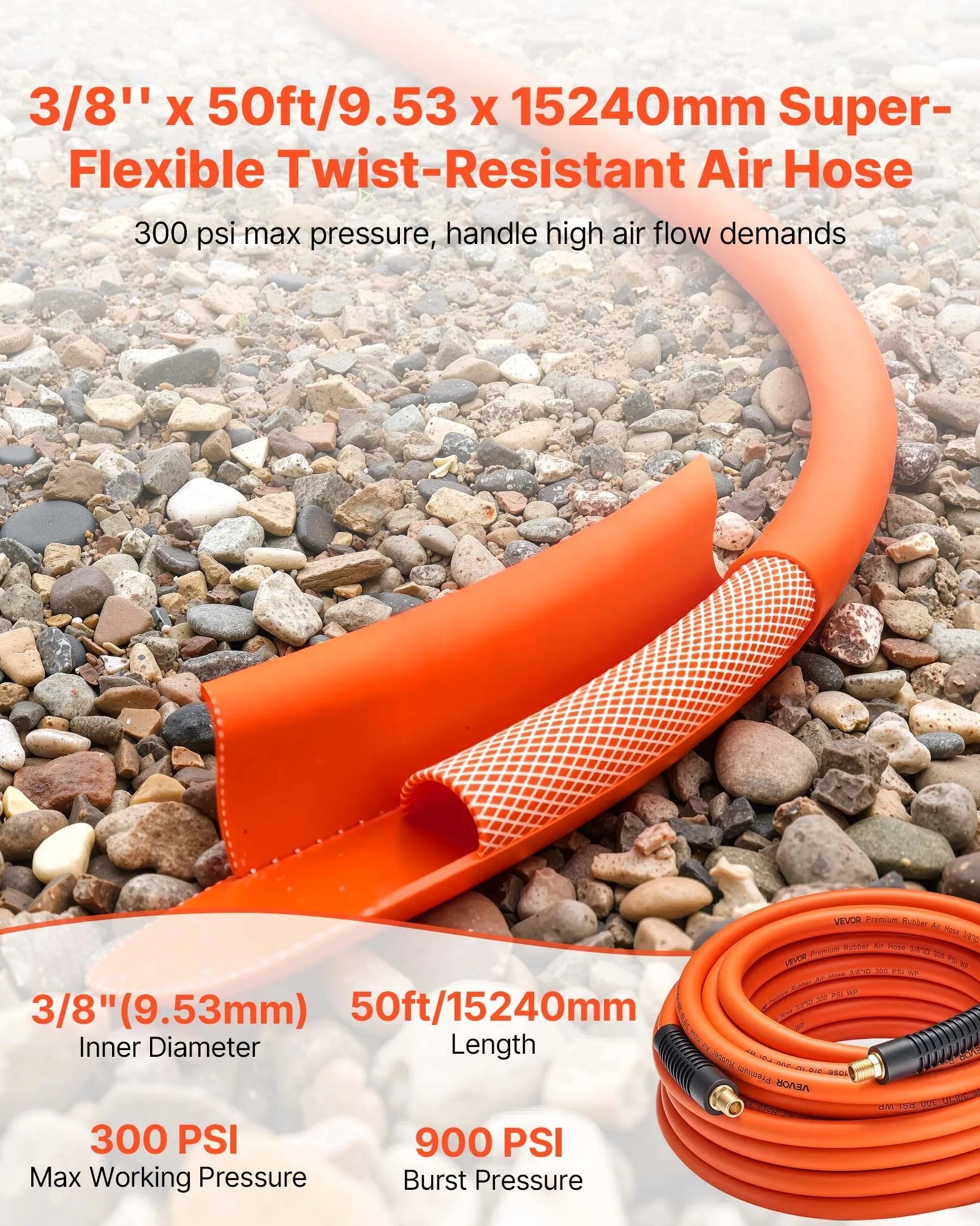 VEVOR Air Hose, 3/8'' x 50ft Rubber Air Hose, Lightweight, Kink Resistant, Pneumatic Hoses with 1/4 inch Solid Brass Male Fitting, Three-Layer Material, 300 PSI, All-Weather Flexibility, Orange