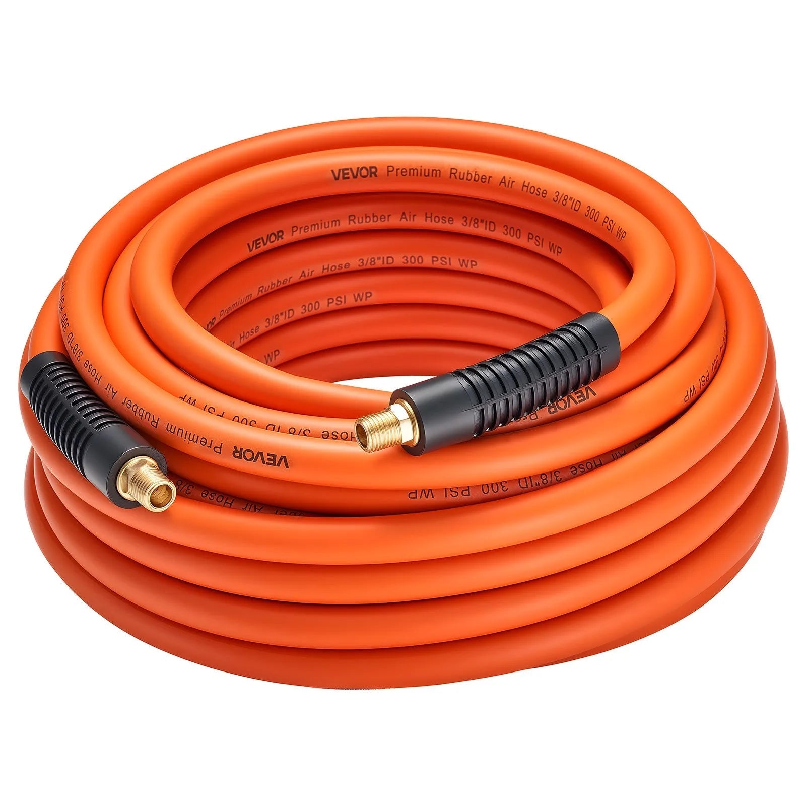 VEVOR Air Hose, 3/8'' x 50ft Rubber Air Hose, Lightweight, Kink Resistant, Pneumatic Hoses with 1/4 inch Solid Brass Male Fitting, Three-Layer Material, 300 PSI, All-Weather Flexibility, Orange