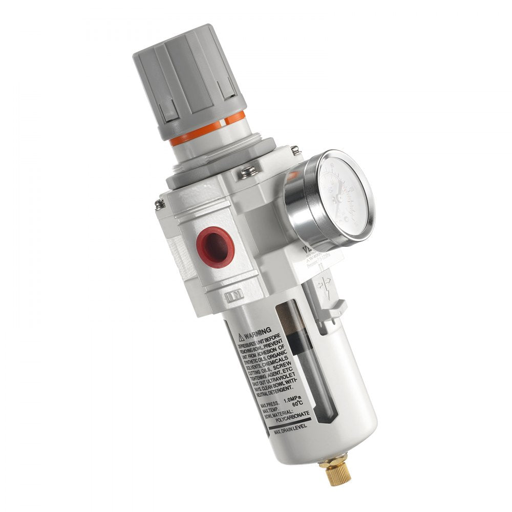 VEVOR Air Compressor Filter Regulator, 1/2" NPT Air Dryer for Compressor, Single Stage Semi-Auto Air Compressor Water Separator with Brass Filter Element, 7.5-125PSI Pressure Regulator, Poly Bowl