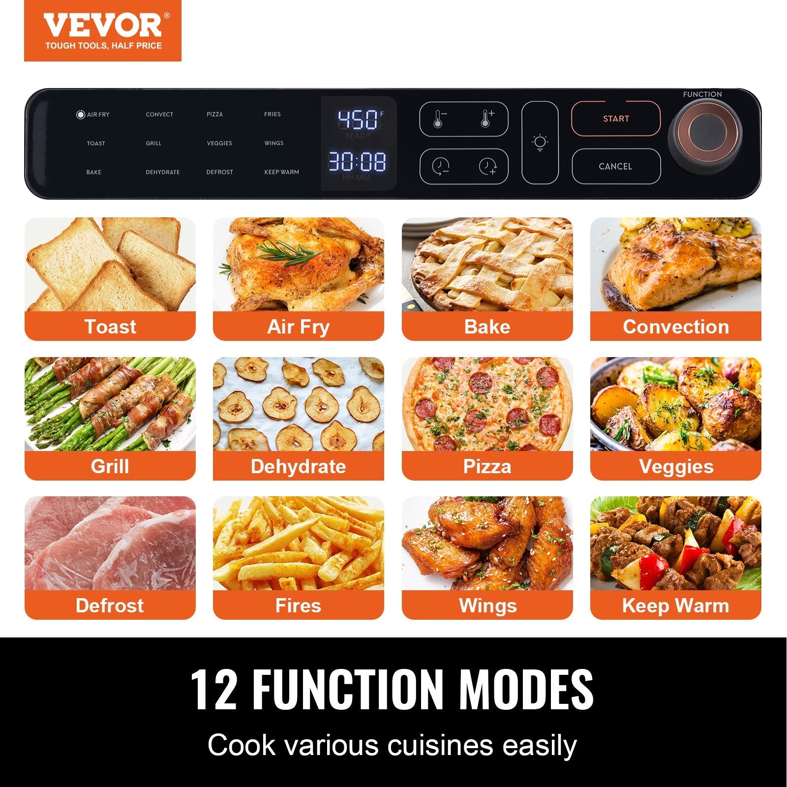 VEVOR 12-IN-1 Air Fryer Toaster Oven, 25L Convection Oven, 1700W Stainless Steel Toaster Ovens Countertop Combo with Grill, Pizza Pan, Gloves, 12 Slices Toast, 12-inch Pizza, Home and Commercial Use