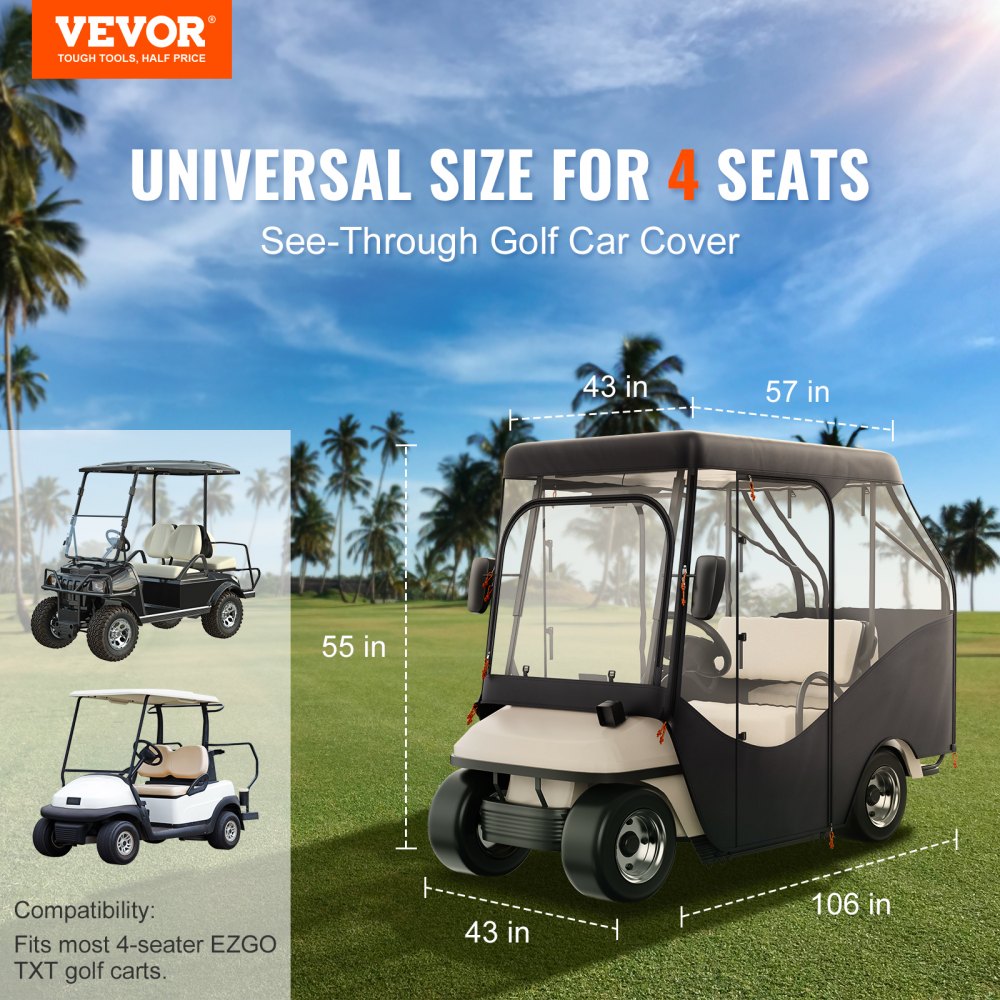 VEVOR Golf Cart Enclosure, 600D Polyester Driving Enclosure with 4-Sided Transparent Windows, 4 Passenger Club Car Covers Universal Fits for Most Brand Carts, Sunproof and Dustproof Outdoor Cart Cover