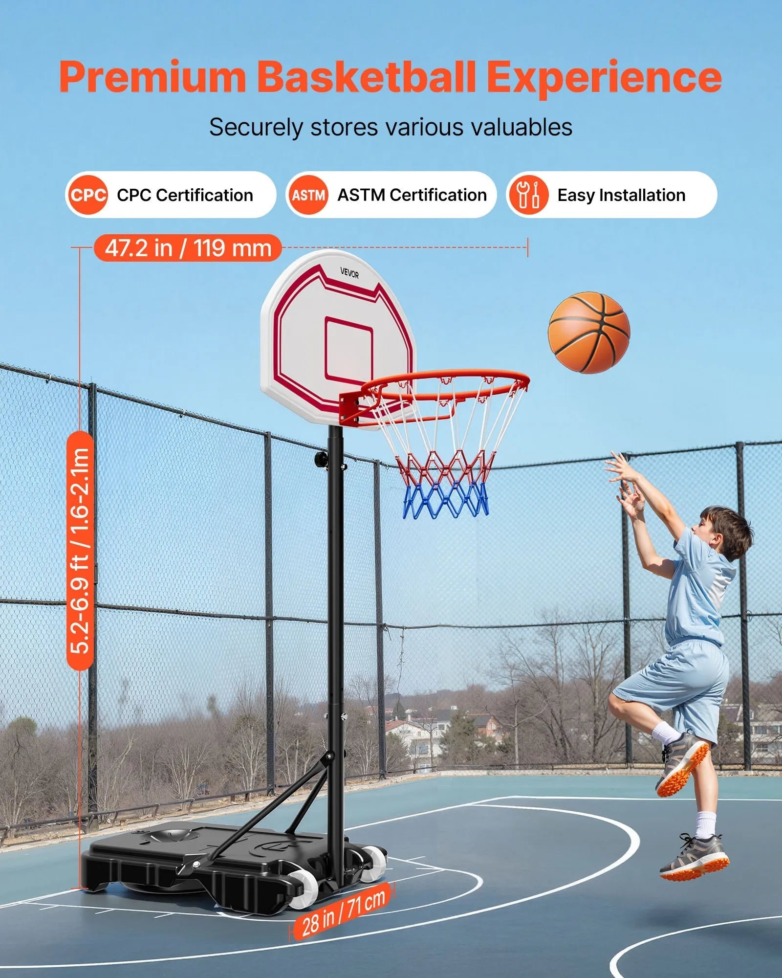 VEVOR Portable Basketball Stand, 5.2 to 6.9 ft Height Adjustment Basketball Hoop & Goal, Kids Adjustable Basketballs Hoop with Nylon Net & Rolling Wheels, Portable Backboard Set for Patios, Poolside