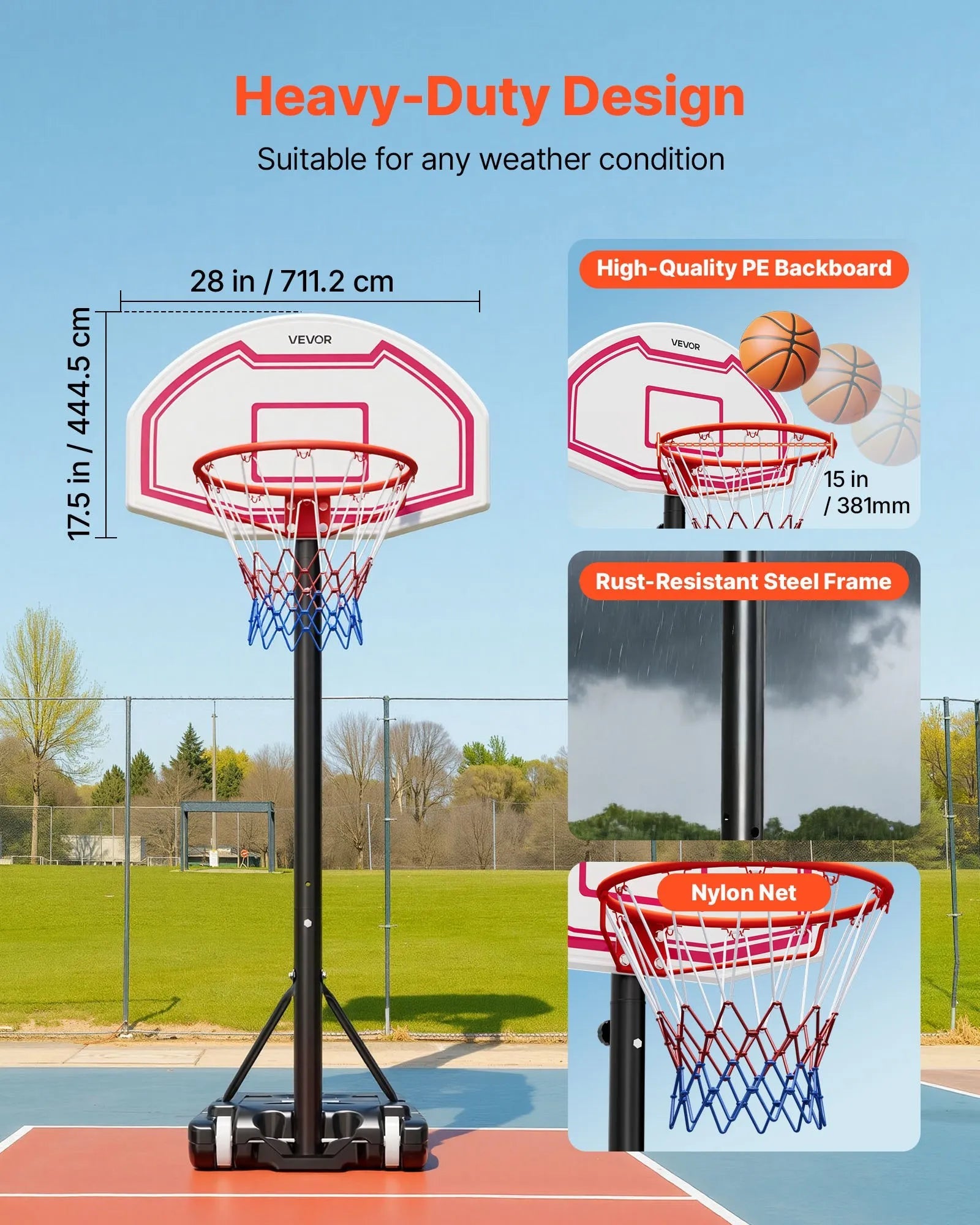 VEVOR Portable Basketball Stand, 5.2 to 6.9 ft Height Adjustment Basketball Hoop & Goal, Kids Adjustable Basketballs Hoop with Nylon Net & Rolling Wheels, Portable Backboard Set for Patios, Poolside