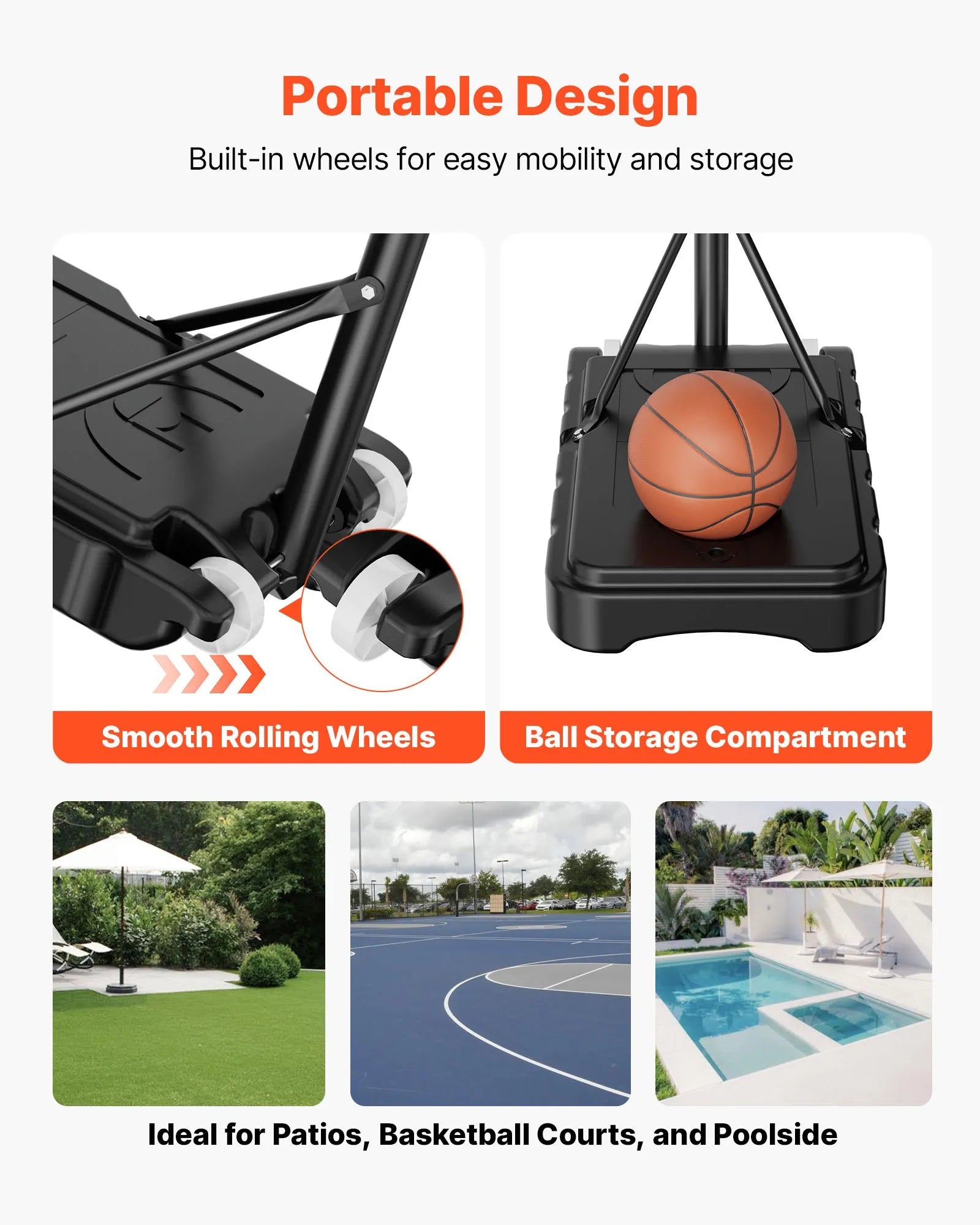 VEVOR Portable Basketball Stand, 5.2 to 6.9 ft Height Adjustment Basketball Hoop & Goal, Kids Adjustable Basketballs Hoop with Nylon Net & Rolling Wheels, Portable Backboard Set for Patios, Poolside