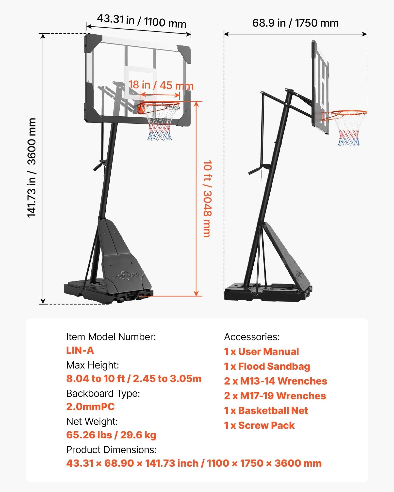 VEVOR Portable Basketball Stand, 8.04 to 10 ft Height Adjustment Basketball Hoop & Goal, Basketballs Hoop Outdoor with 44 inch PC Backboard for Kids, Adults in Schools, Parks, Indoor & Outdoor Use