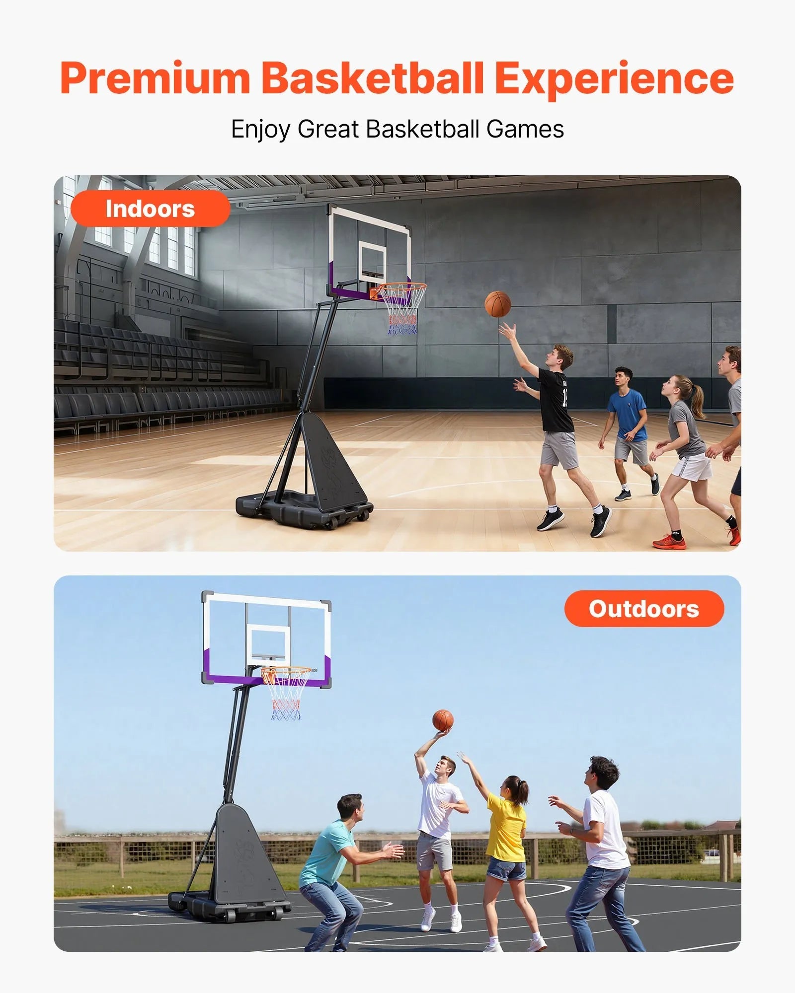 VEVOR Portable Basketball Stand, 10 ft Height Adjustment Basketball Hoop & Goal, Basketballs Hoop Outdoor with 48 inch PC Backboard for Kids, Adults in Schools, Parks, Indoor & Outdoor Use