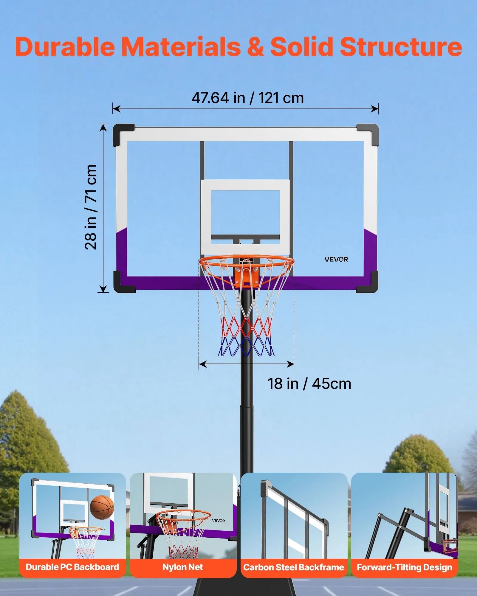 VEVOR Portable Basketball Stand, 10 ft Height Adjustment Basketball Hoop & Goal, Basketballs Hoop Outdoor with 48 inch PC Backboard for Kids, Adults in Schools, Parks, Indoor & Outdoor Use