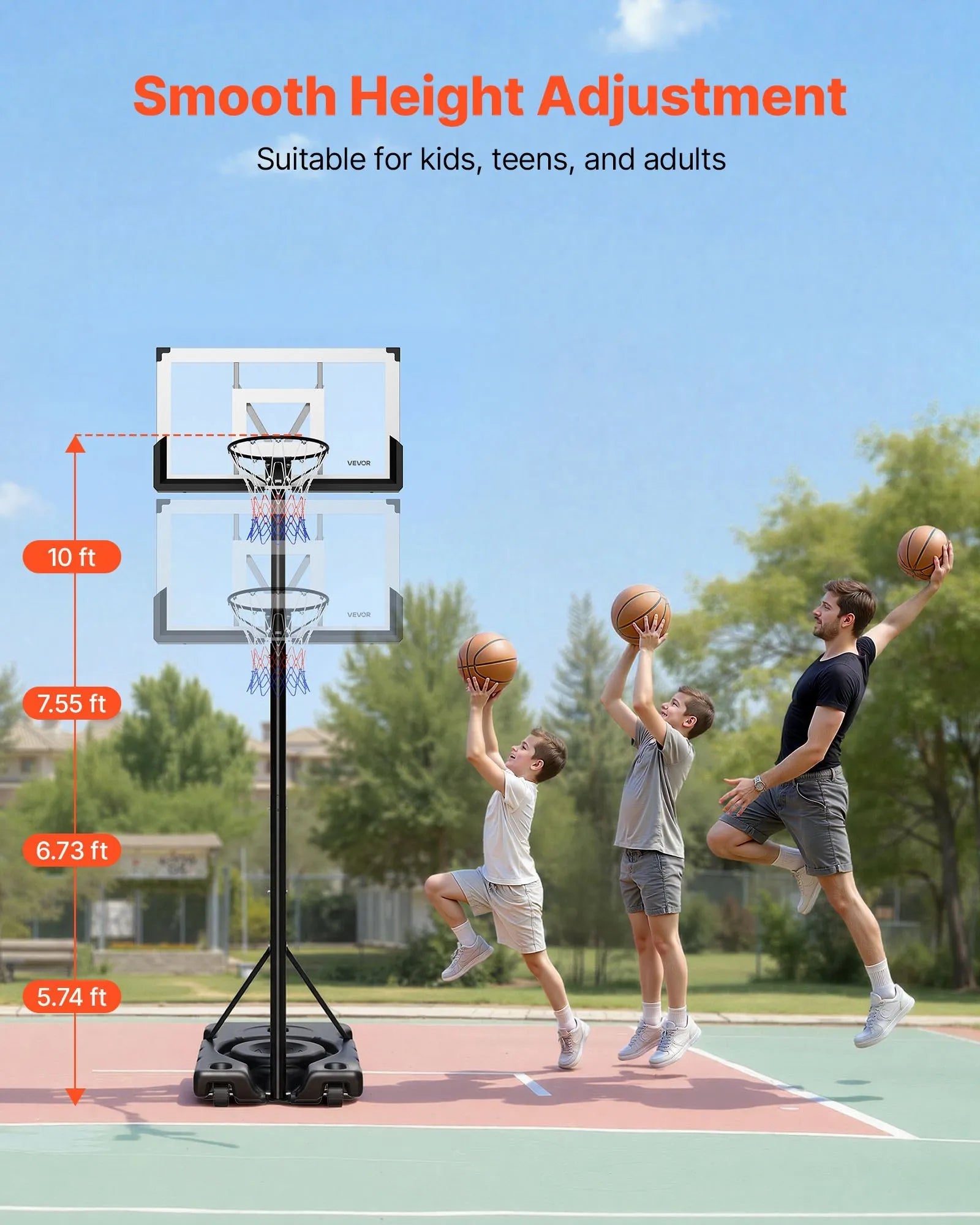 VEVOR Portable Basketball Stand, 10 ft Height Adjustment Basketball Hoop & Goal, Portable Basketballs Hoop with 48 inch PC Backboard & Wheels for Kids, Teens, Adults in Driveways, Pools, Schools
