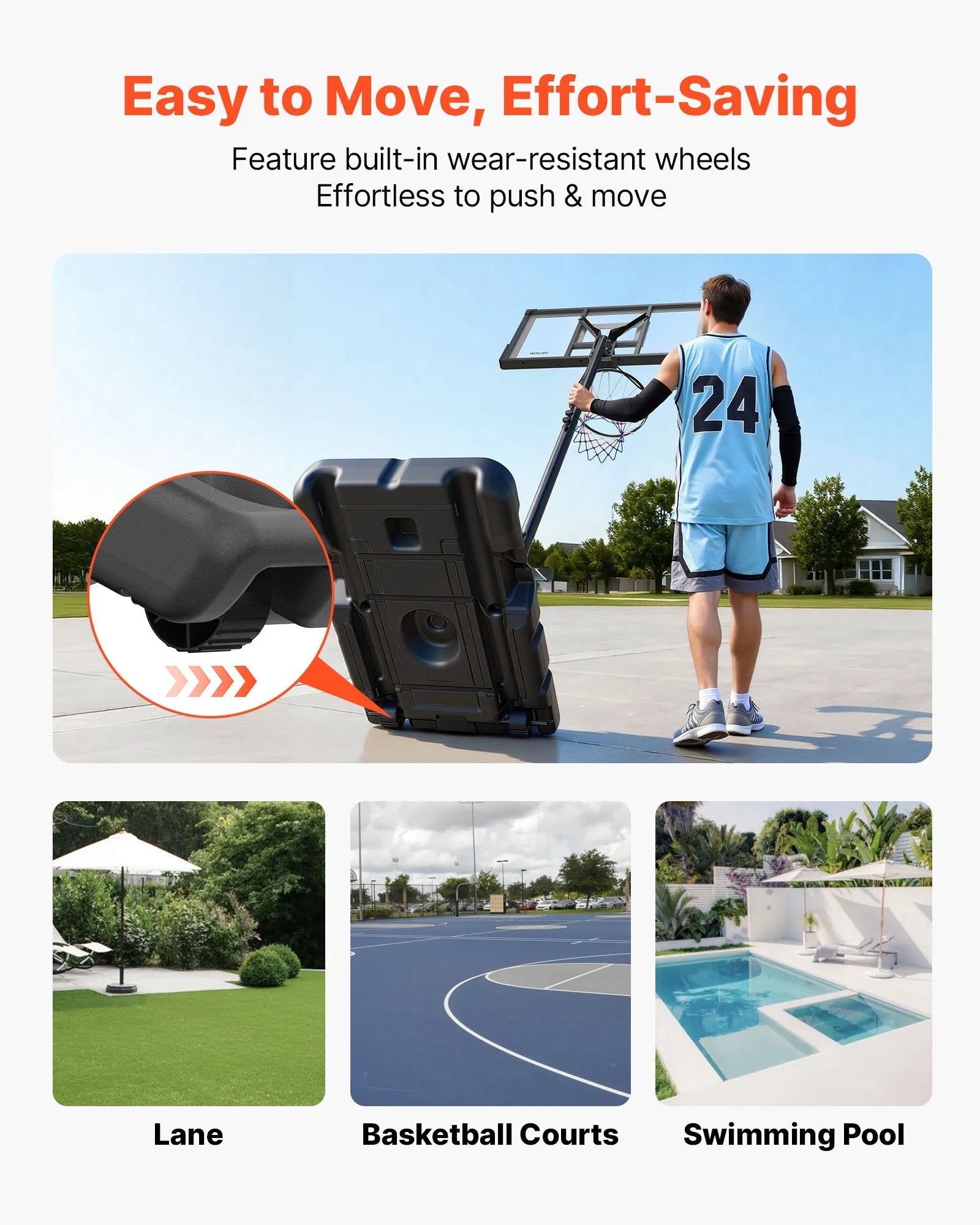 VEVOR Portable Basketball Stand, 10 ft Height Adjustment Basketball Hoop & Goal, Portable Basketballs Hoop with 48 inch PC Backboard & Wheels for Kids, Teens, Adults in Driveways, Pools, Schools