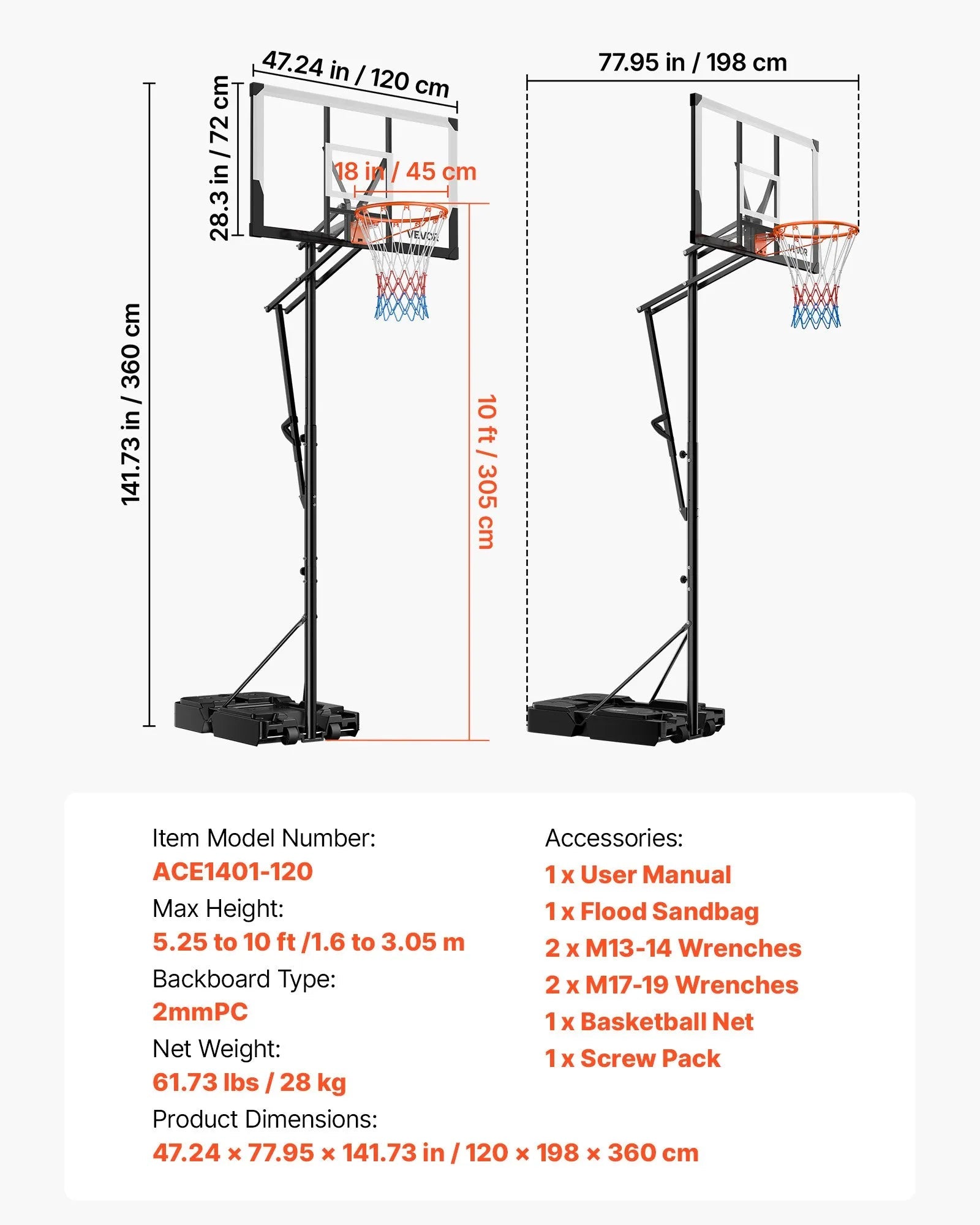 VEVOR Portable Basketball Stand, 5.25 to 10 ft Height Adjustment Basketball Hoop & Goal, Portable Basketballs Hoop with 48 inch PC Backboard & Wheels for Kids, Teens, Adults in Driveways, Pools