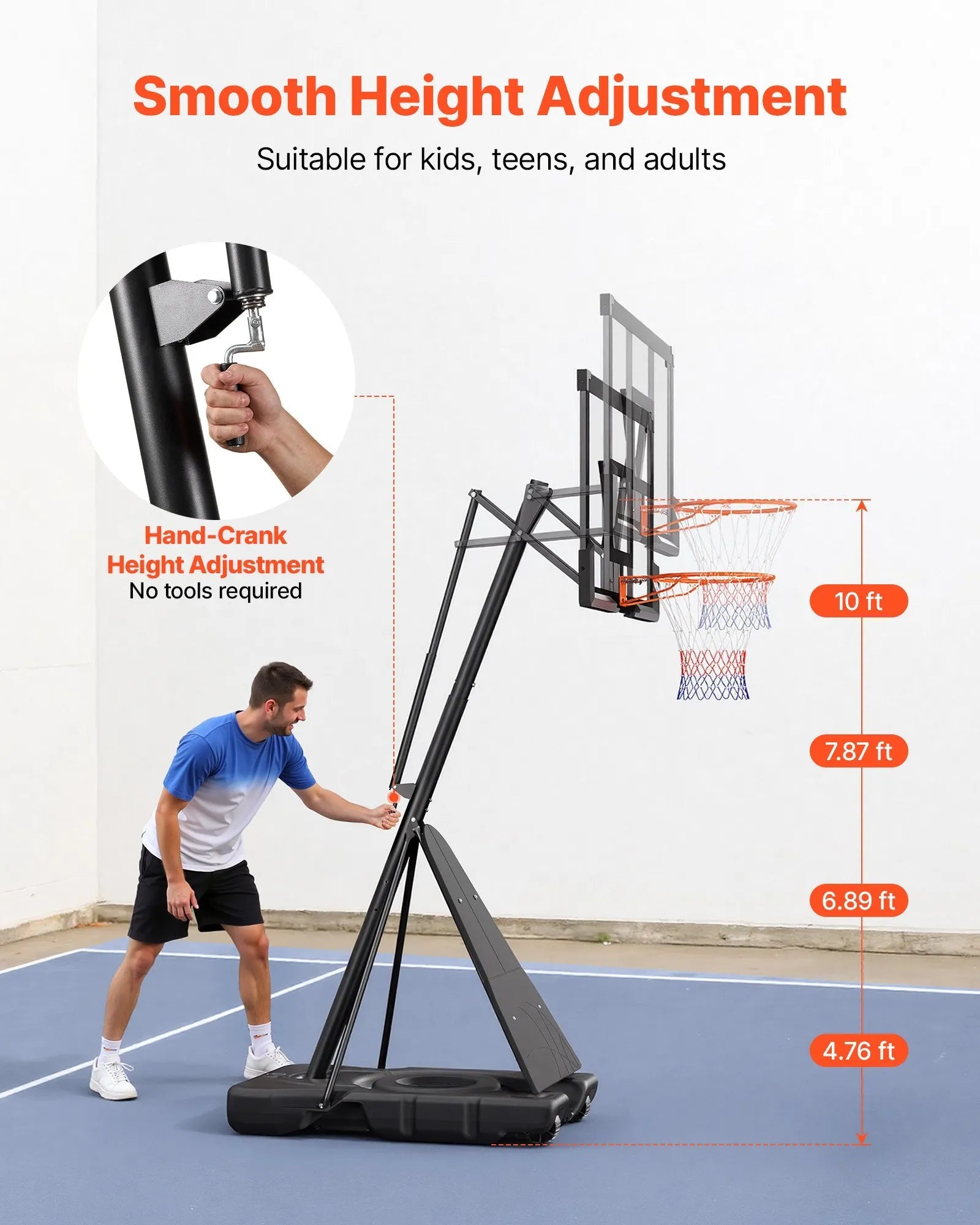 VEVOR Portable Basketball Stand, 10 ft Height Adjustment Basketball Hoop & Goal, Basketballs Hoop Outdoor with 50 inch PC Backboard for Kids, Adults in Schools, Parks, Indoor & Outdoor Use