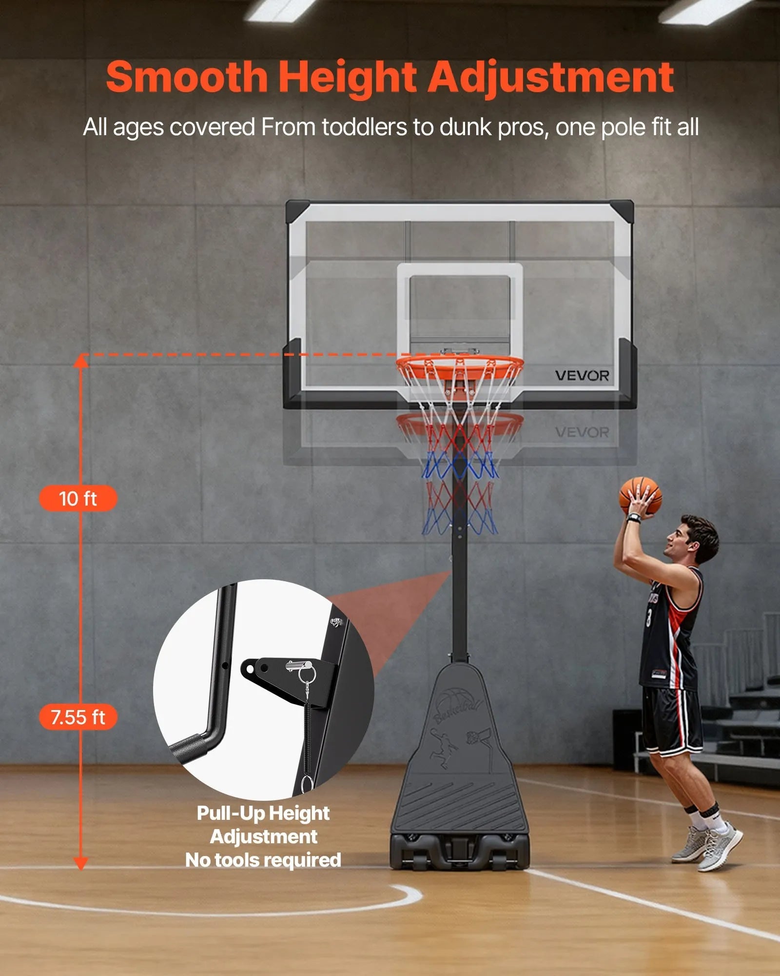 VEVOR Portable Basketball Stand, 7.55 to 10 ft Height Adjustment Basketball Hoop & Goal, Basketballs Hoop Outdoor with 54 inch PC Backboard for Kids, Adults in Schools, Parks, Forward-Tilting Design