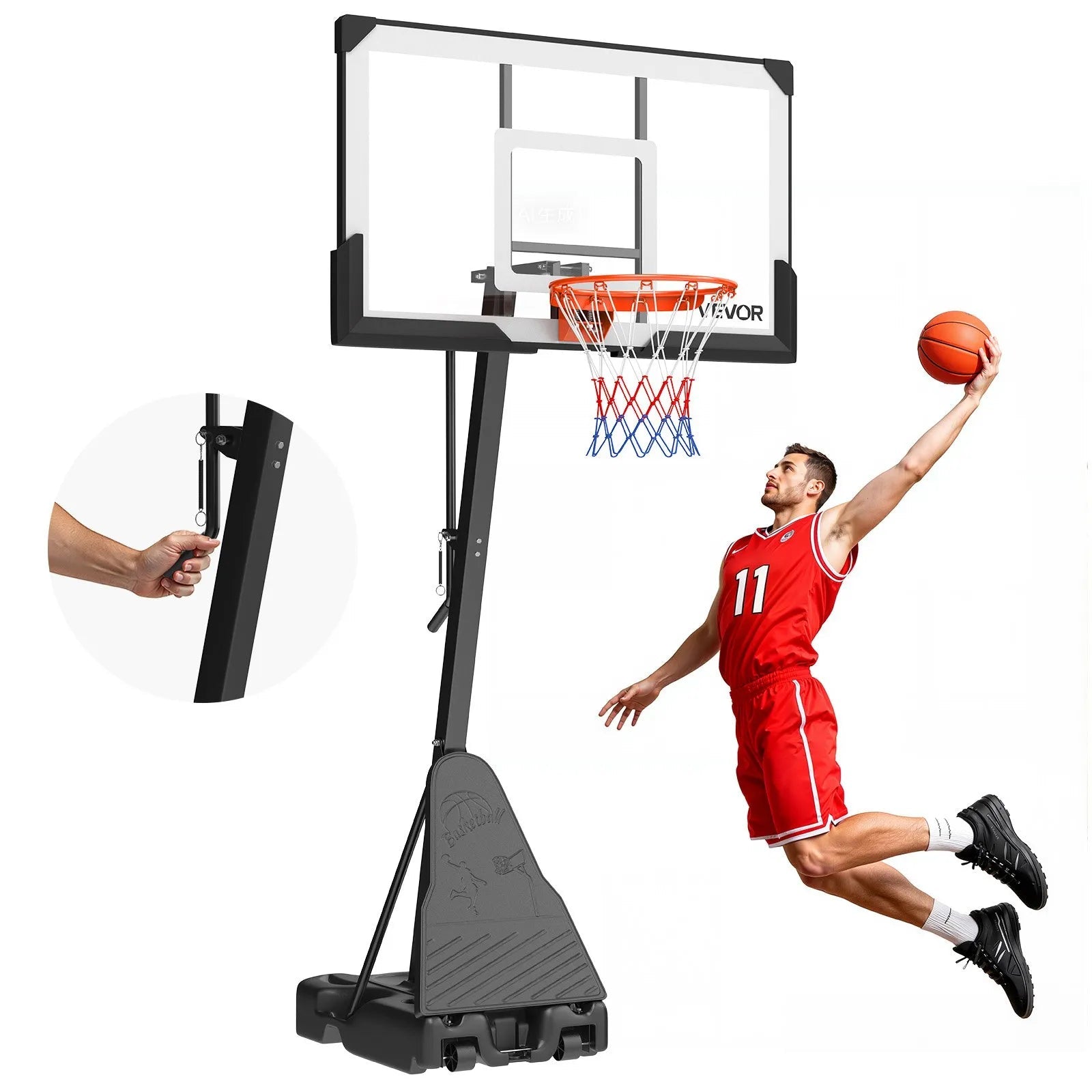 VEVOR Portable Basketball Stand, 7.55 to 10 ft Height Adjustment Basketball Hoop & Goal, Basketballs Hoop Outdoor with 54 inch PC Backboard for Kids, Adults in Schools, Parks, Forward-Tilting Design