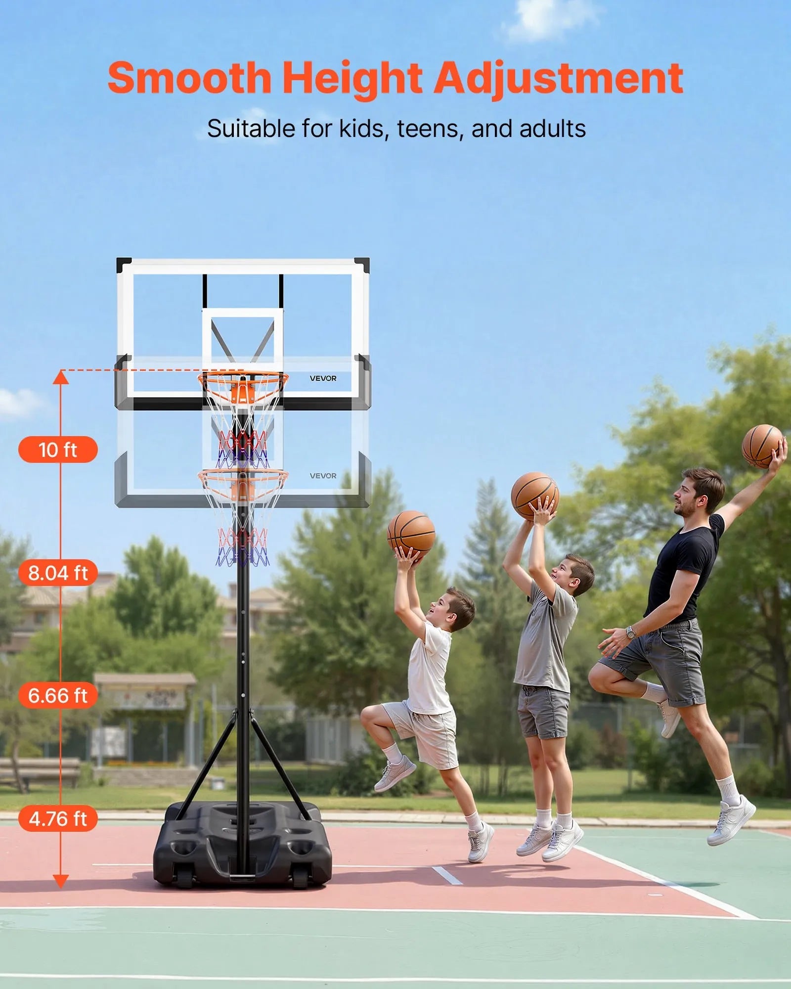 VEVOR Portable Basketball Stand, 10 ft Height Adjustment Basketball Hoop & Goal, Portable Basketballs Hoop with 54 inch PC Backboard & Wheels for Kids, Teens, Adults in Driveways, Pools, Schools