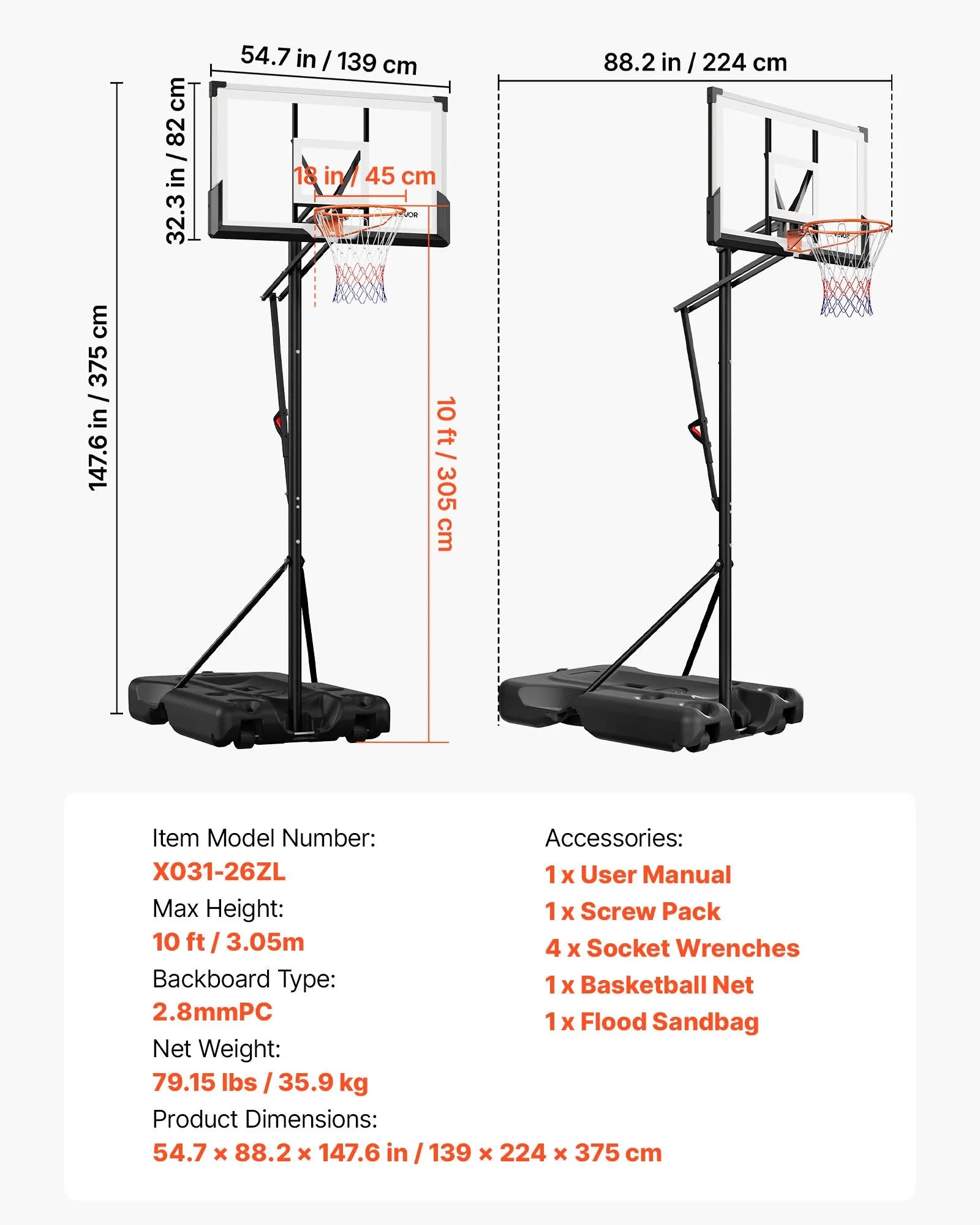 VEVOR Portable Basketball Stand, 10 ft Height Adjustment Basketball Hoop & Goal, Portable Basketballs Hoop with 54 inch PC Backboard & Wheels for Kids, Teens, Adults in Driveways, Pools, Schools