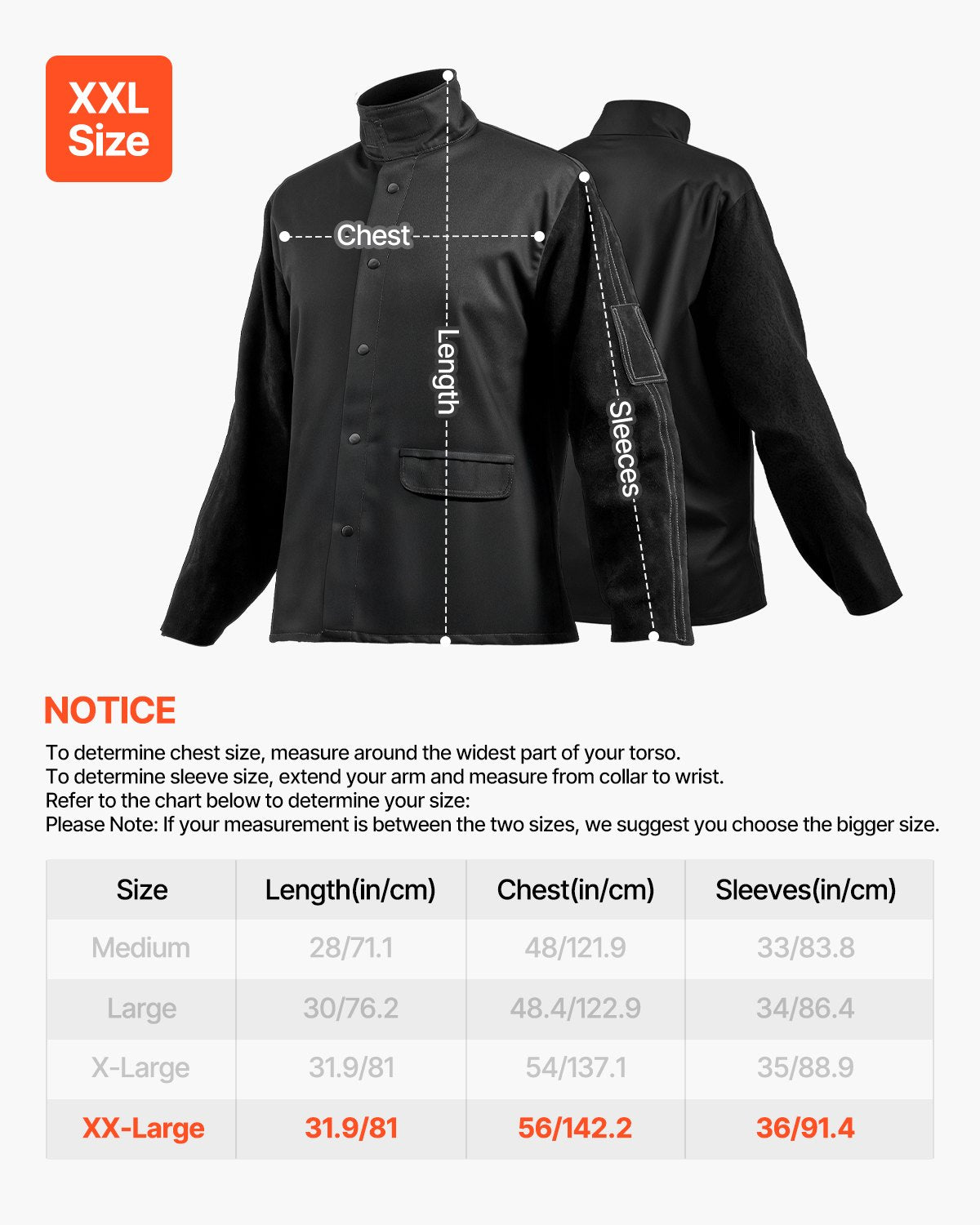 VEVOR FR Welding Jacket XXL Size Heavy Duty Cowhide Leather & 9oz FR Cotton