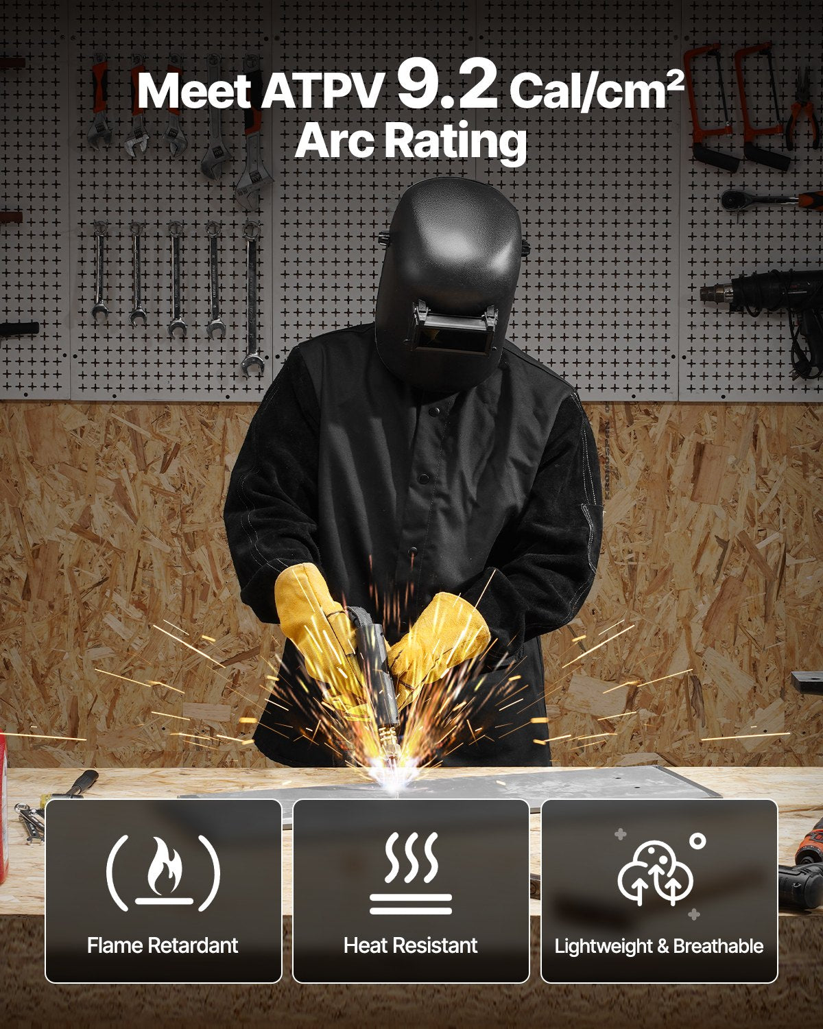 VEVOR FR Welding Jacket M Size Heavy Duty Cowhide Leather & 9oz FR Cotton