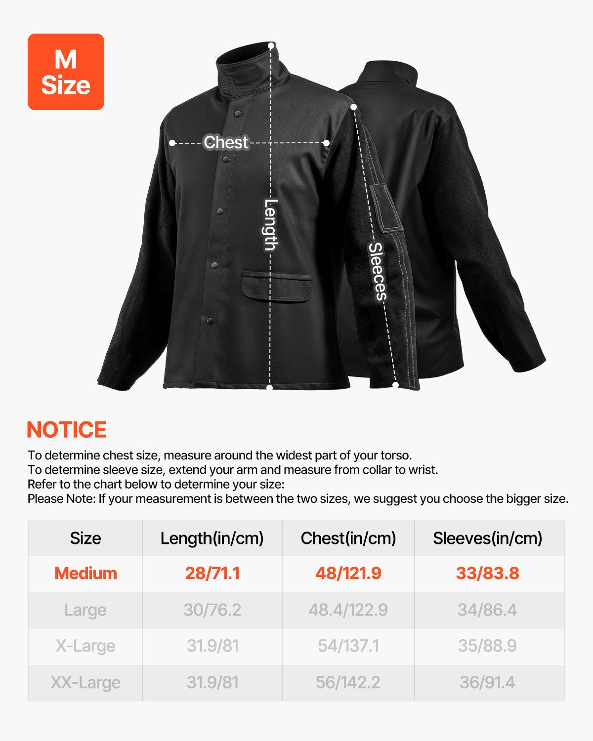 VEVOR FR Welding Jacket M Size Heavy Duty Cowhide Leather & 9oz FR Cotton