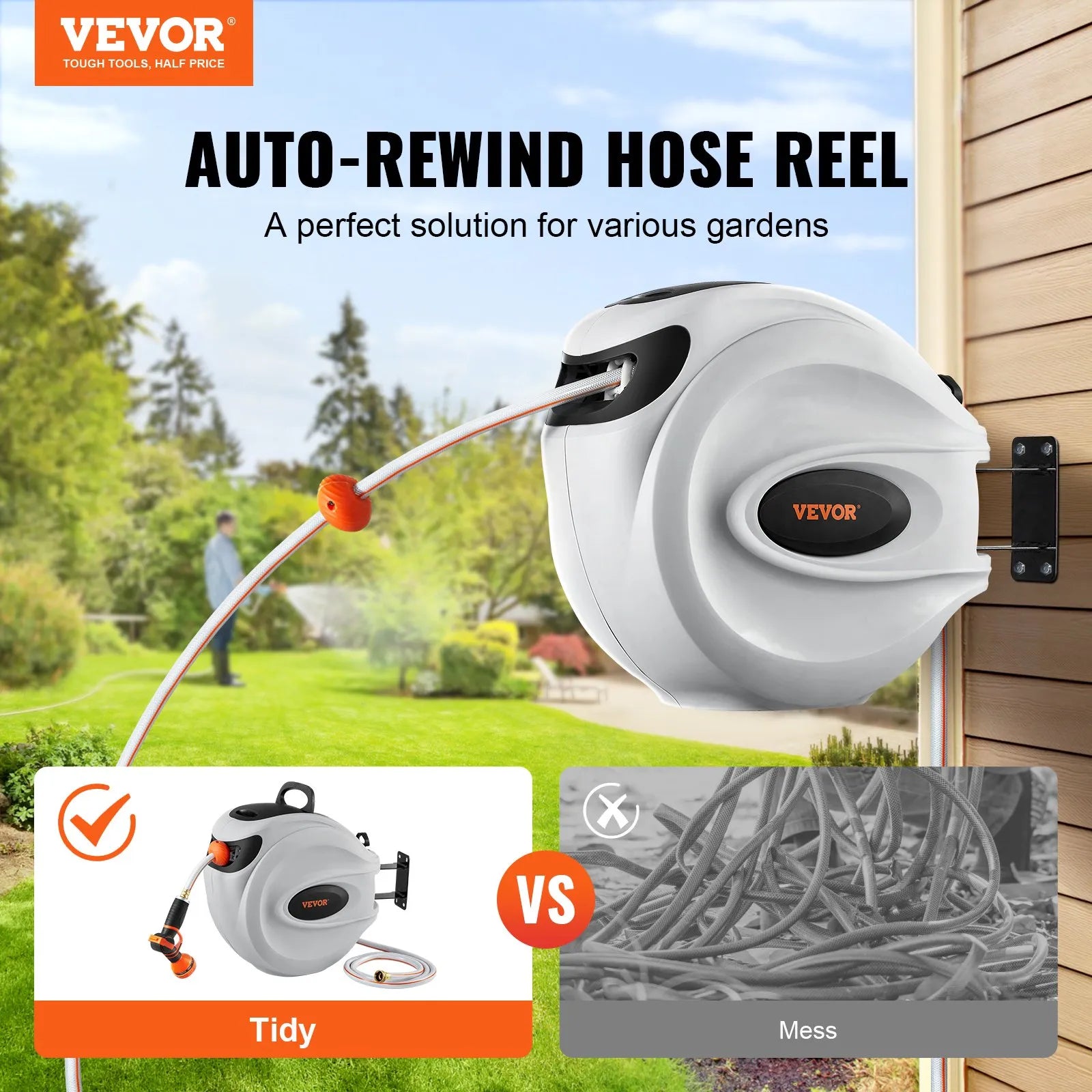 VEVOR Retractable Hose Reel Water Hose Reel 100'x1/2" 180° Swivel Wall-Mounted
