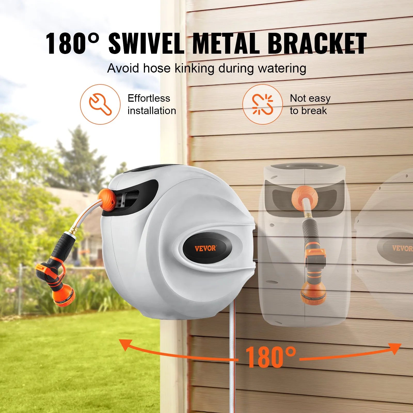 VEVOR Retractable Hose Reel Water Hose Reel 100'x1/2" 180° Swivel Wall-Mounted