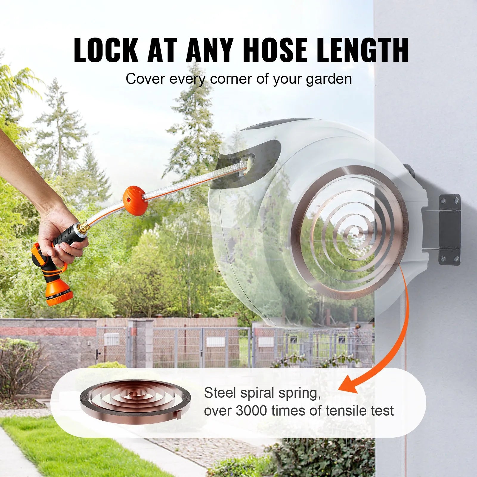 VEVOR Retractable Hose Reel Water Hose Reel 100'x1/2" 180° Swivel Wall-Mounted