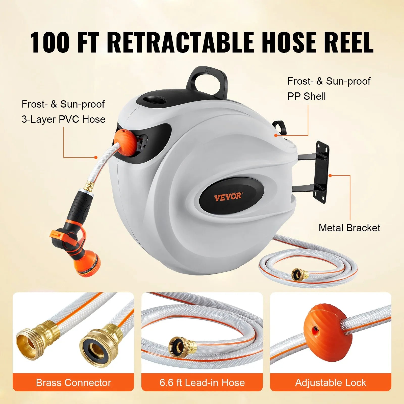 VEVOR Retractable Hose Reel Water Hose Reel 100'x1/2" 180° Swivel Wall-Mounted