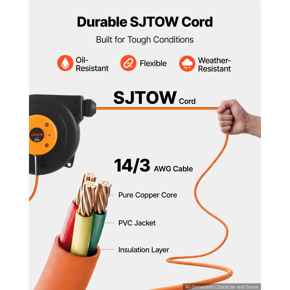25FT Retractable Extension Cord Reel – 14/3 AWG Heavy-Duty Power Cord with 180° Swivel Mount