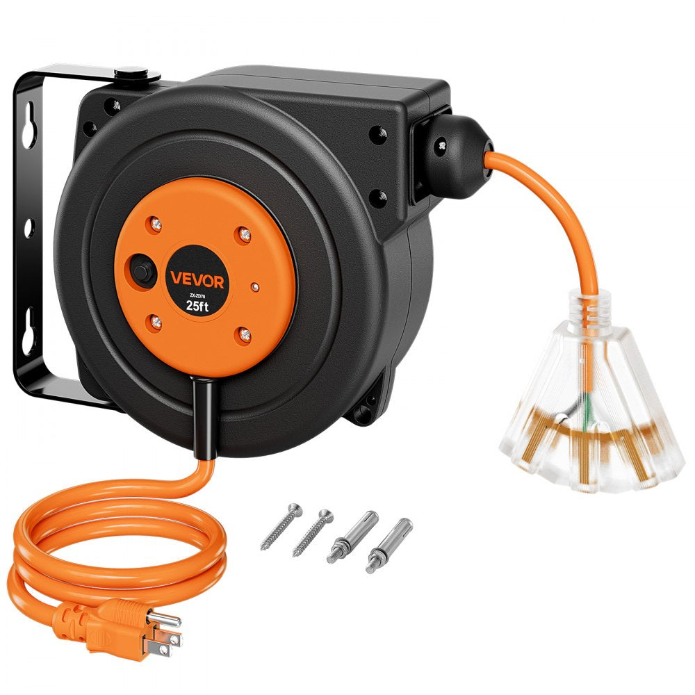 25FT Retractable Extension Cord Reel – 14/3 AWG Heavy-Duty Power Cord with 180° Swivel Mount