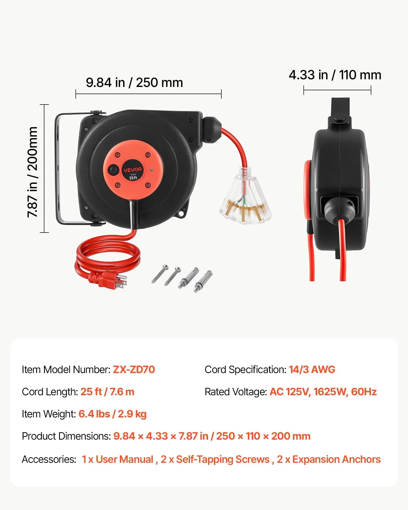 25FT Retractable Extension Cord Reel – 14/3 AWG Heavy-Duty Power Cord with 180° Swivel Mount