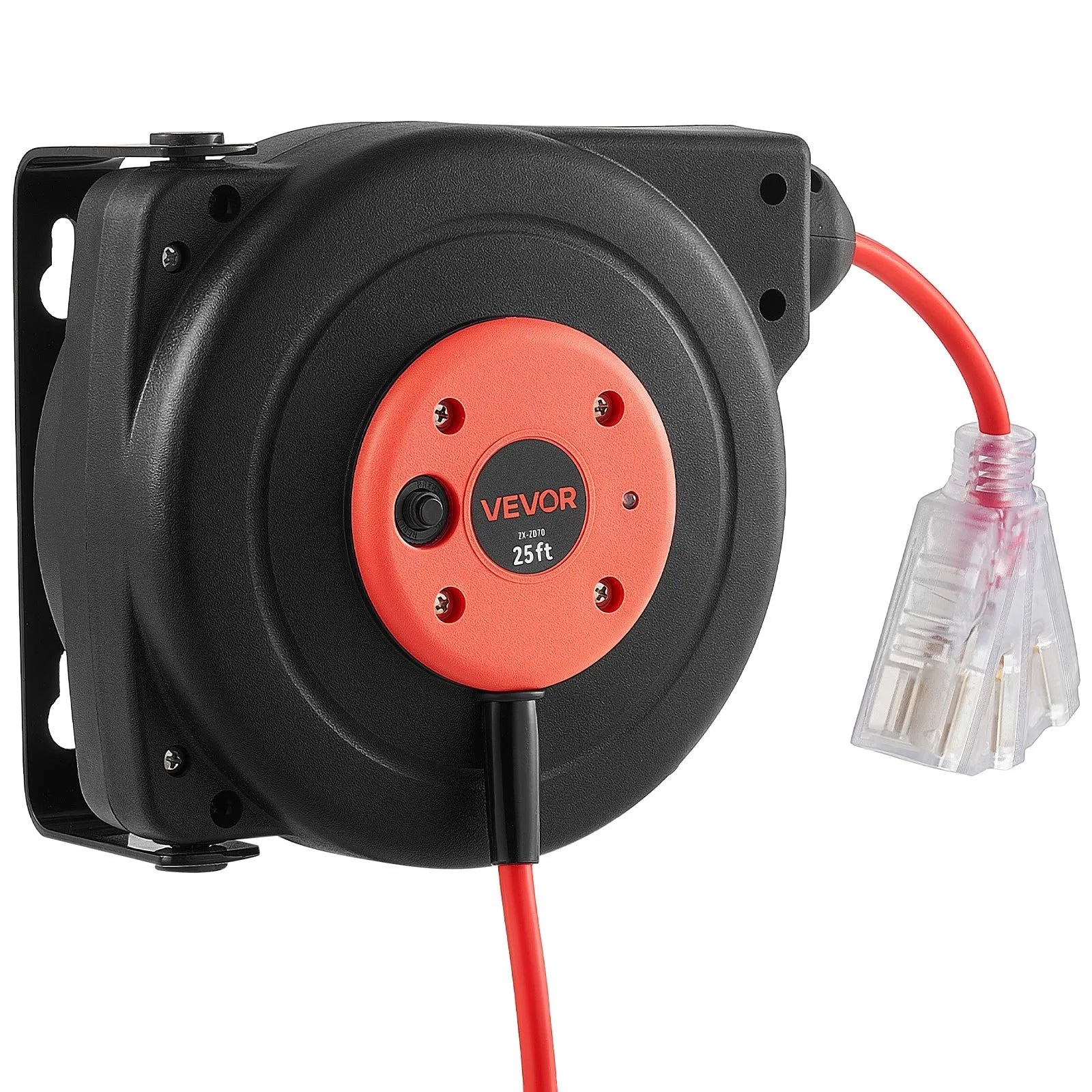 25FT Retractable Extension Cord Reel – 14/3 AWG Heavy-Duty Power Cord with 180° Swivel Mount