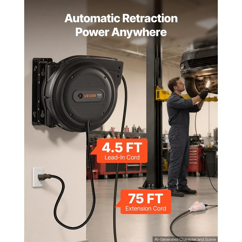 75FT Retractable Extension Cord Reel – 14/3 AWG Heavy-Duty Power Cord with 180° Swivel Mount
