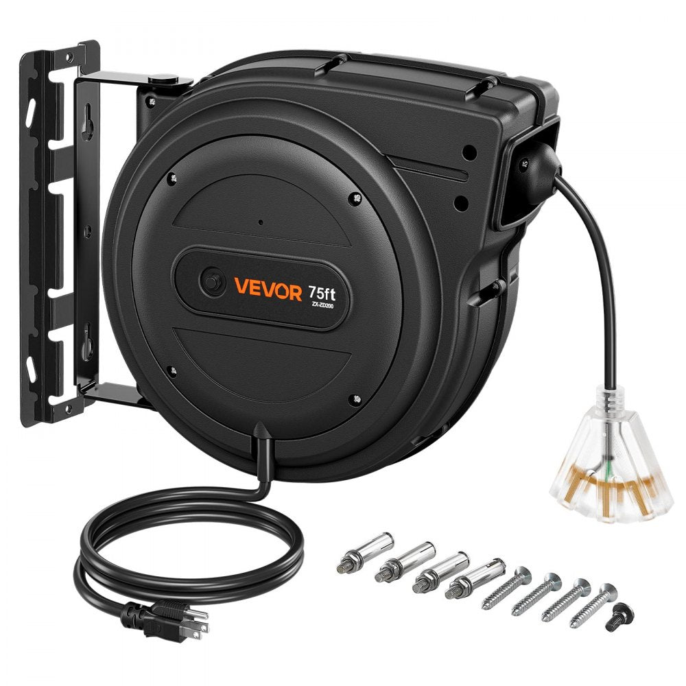 75FT Retractable Extension Cord Reel – 14/3 AWG Heavy-Duty Power Cord with 180° Swivel Mount