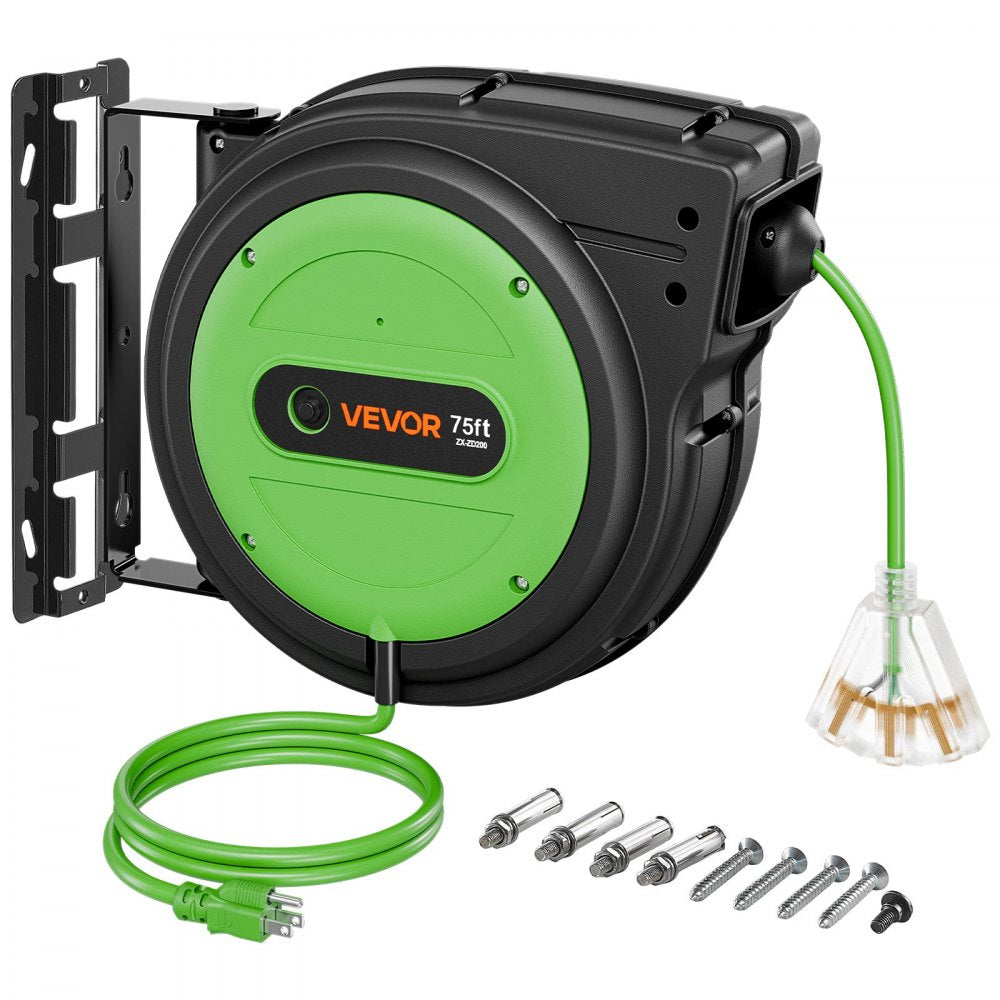 75FT Retractable Extension Cord Reel – 14/3 AWG Heavy-Duty Power Cord with 180° Swivel Mount