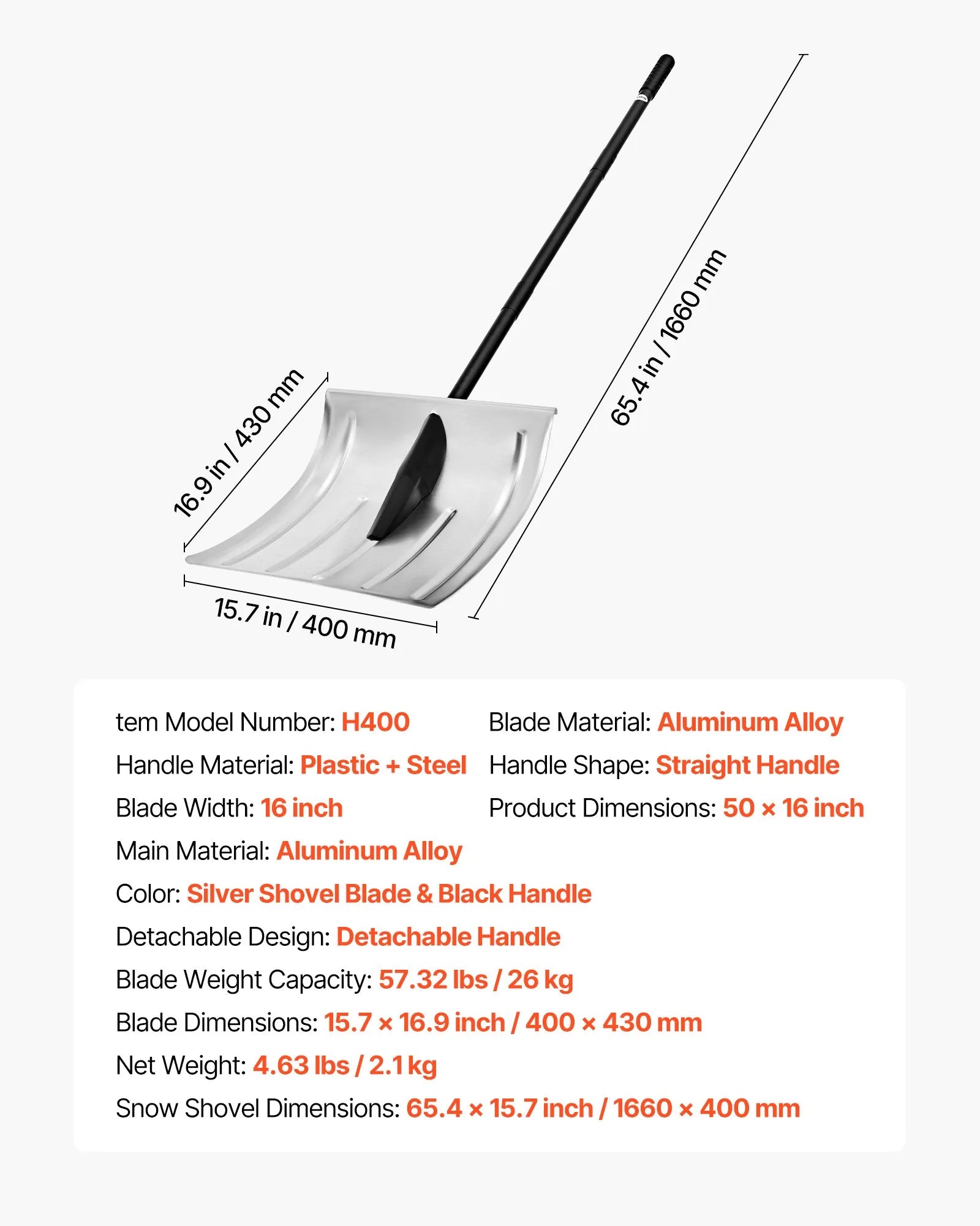 VEVOR Snow Shovel for Driveway, 16 in Wide Aluminum Alloy Snow Shovel, Non Slip Grip, Large Capacity Snowplow Shovels, Detachable & Lightweight Snows Removal Tool for Garden Car Camping Outdoors