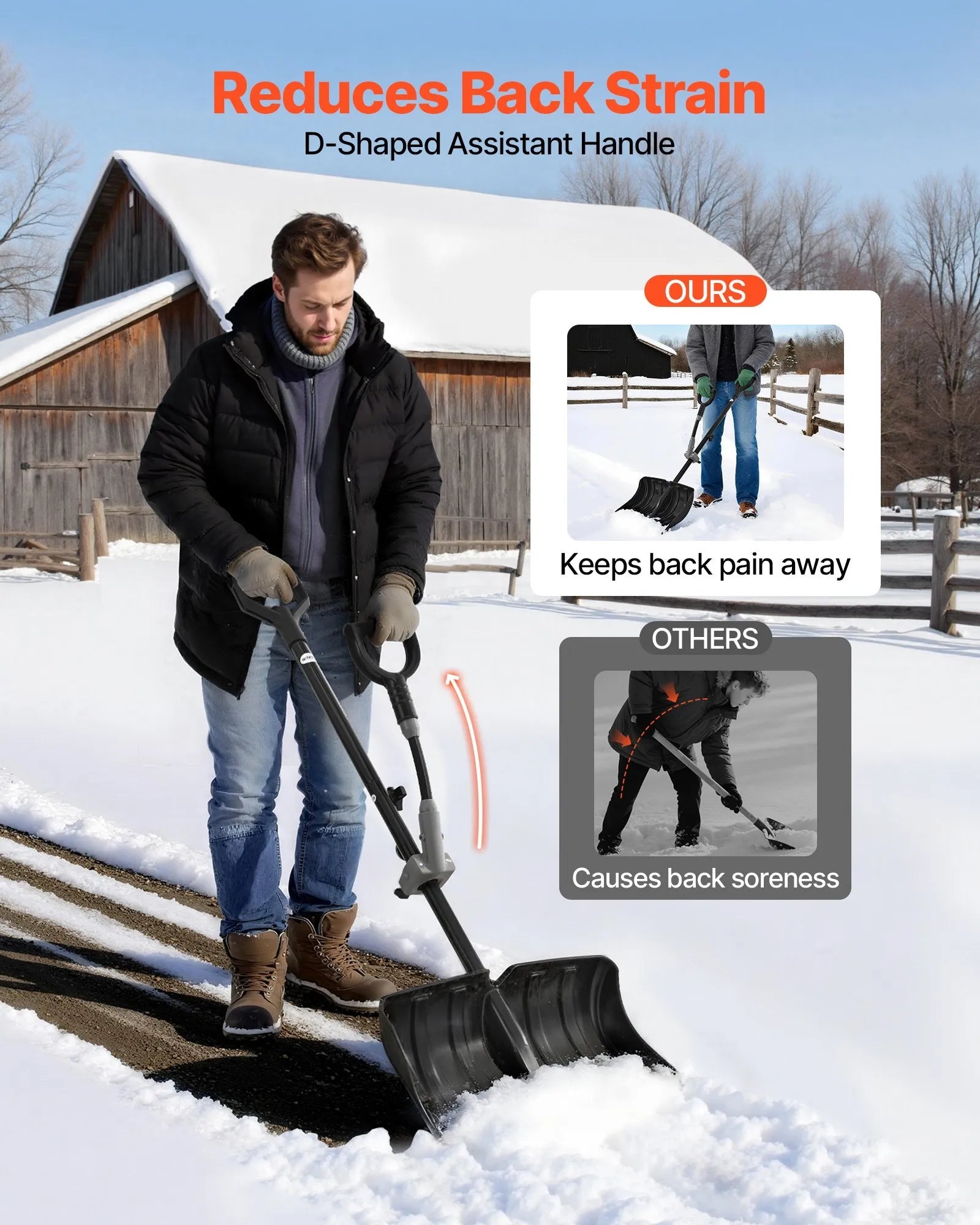 VEVOR Snow Shovel for Driveway, 18 in Wide Plastic Snow Shovel with Assist D-shaped Handles, Non Slip Grip, Large Capacity Snowplow Shovels, Lightweight Snows Removal Tool for Garden Car Camping