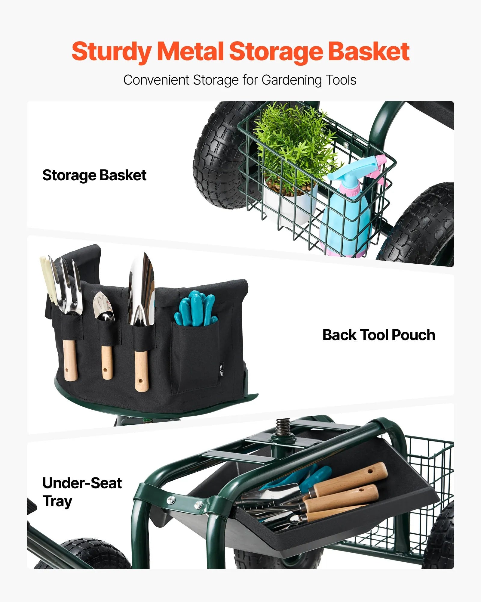 VEVOR Rolling Garden Cart with Swivel Seat Wheels Extendable Handle Storage Box