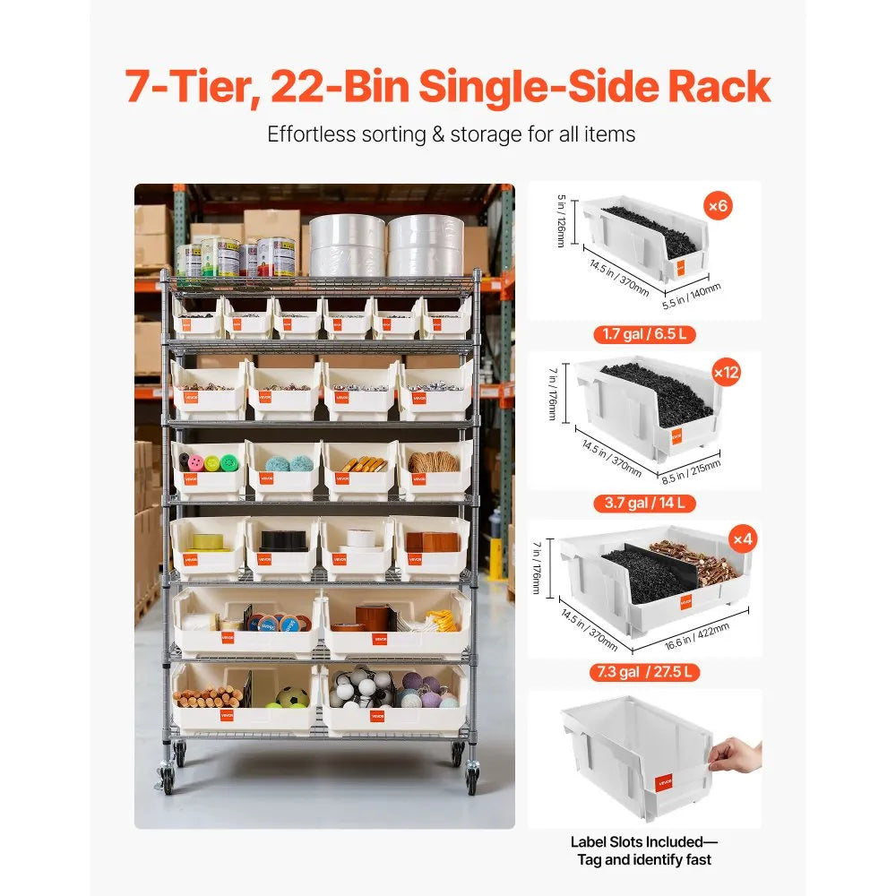 VEVOR 7-Tier Rolling Bin Storage Rack with 22 Organizer Bins, Mobile Steel Wire Shelving System on Wheels, Heavy-Duty Garage Storage Organizer for Warehouse, Office, Classroom & Workshop