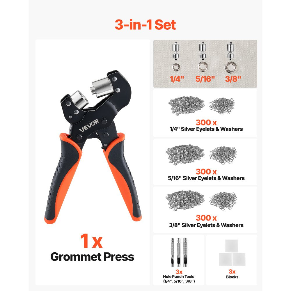 900-Piece Grommet Tool Kit with Manual Press Pliers, 1/4", 5/16" & 3/8" Eyelets for Leather, Fabric & Tarps