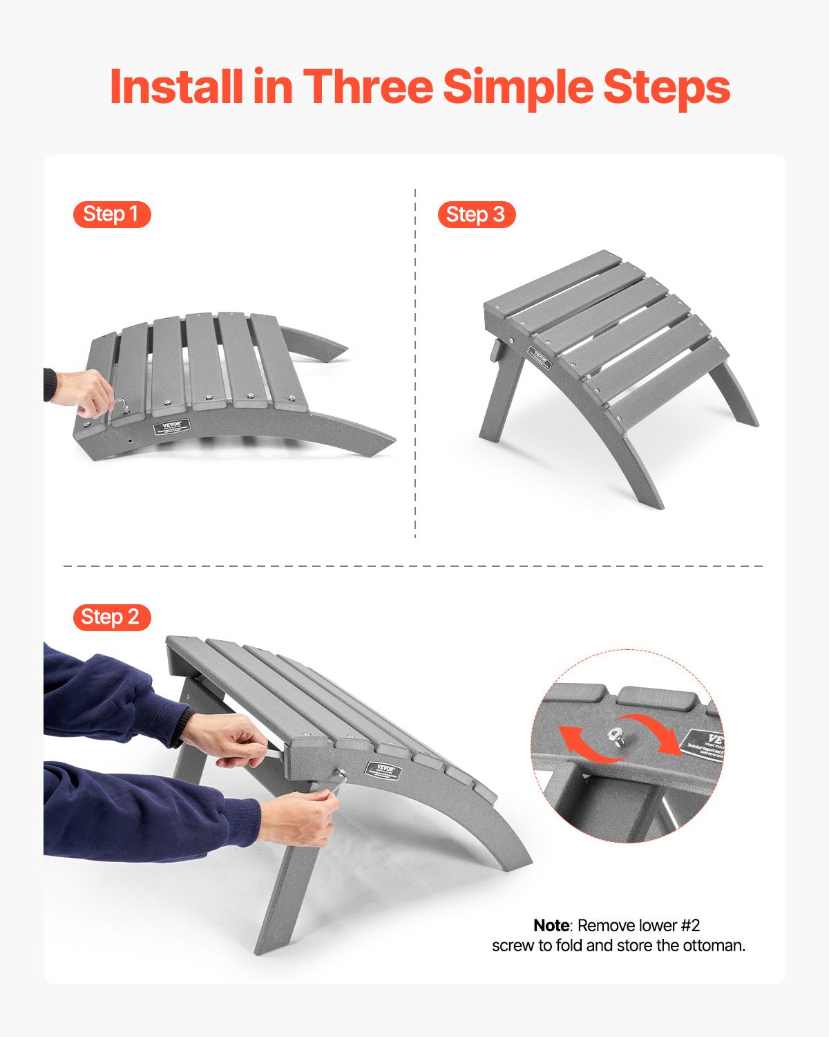 VEVOR Adirondack Ottoman 21.5L x 18.9W x 14.8H Inch HDPE Folding Footrest Gray