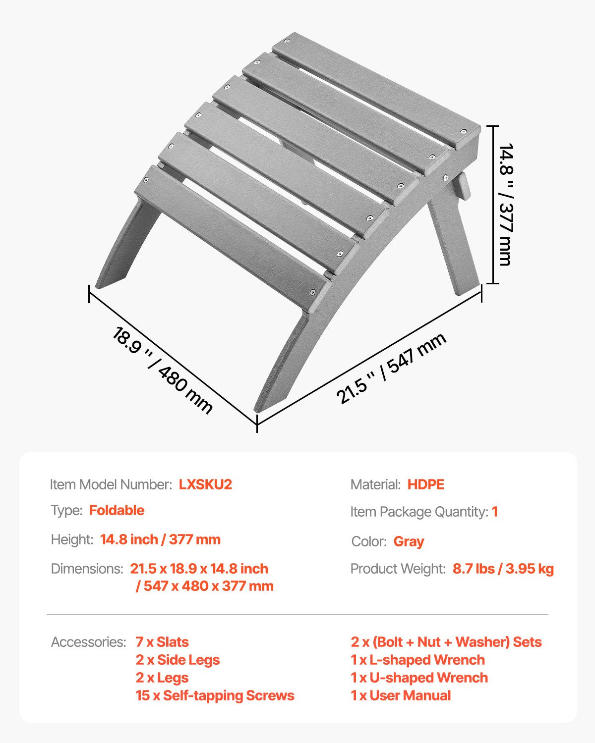 VEVOR Adirondack Ottoman 21.5L x 18.9W x 14.8H Inch HDPE Folding Footrest Gray